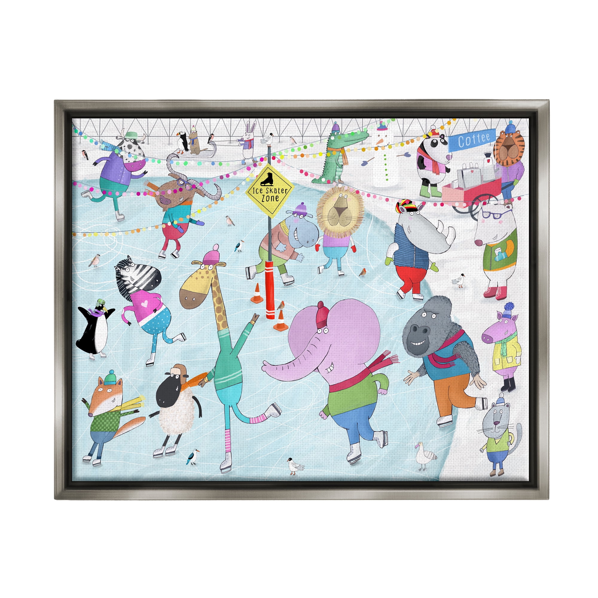 Stupell Industries Animals Ice Skating Scene Animals & Insects Painting Gray Floater Framed Art Print Wall Art, 31 x 25
