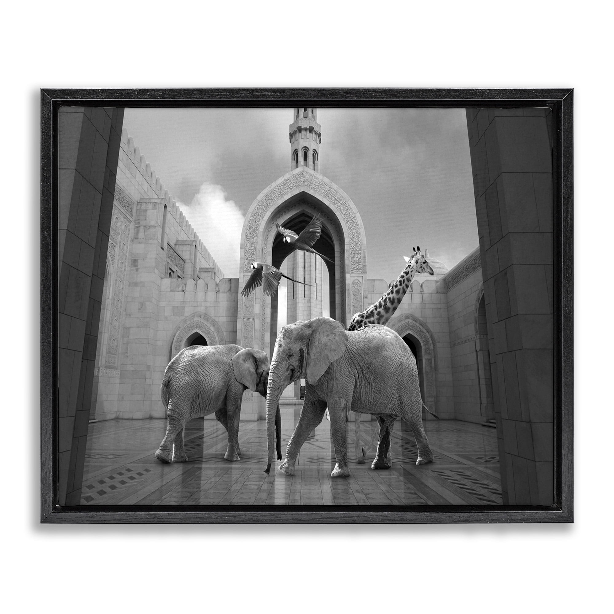 Stupell Industries Animals In Arabesque Architecture Animals & Insects Painting Black Floater Framed Canvas Art Print Wall Art, 31 x 25