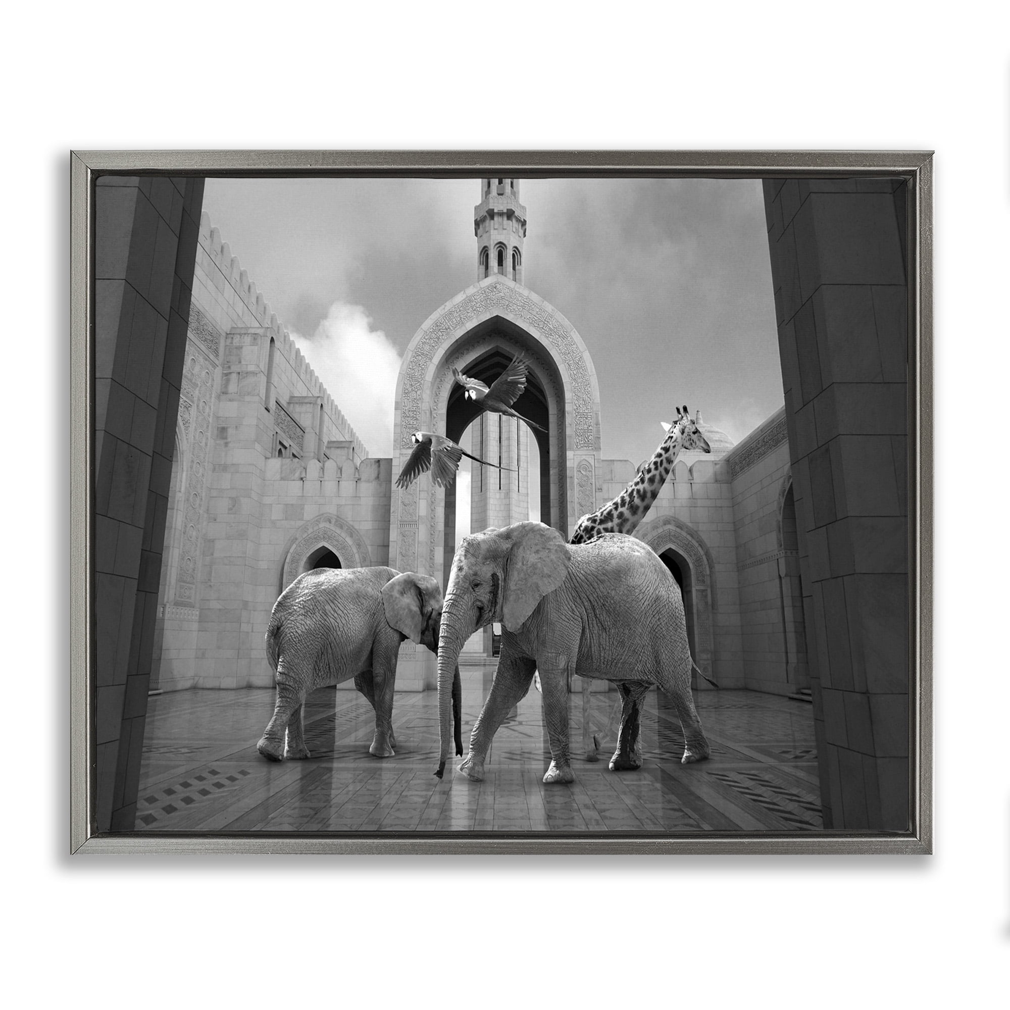 Stupell Industries Animals In Arabesque Architecture Animals & Insects Painting Gray Floater Framed Canvas Art Print Wall Art, 21 x 17