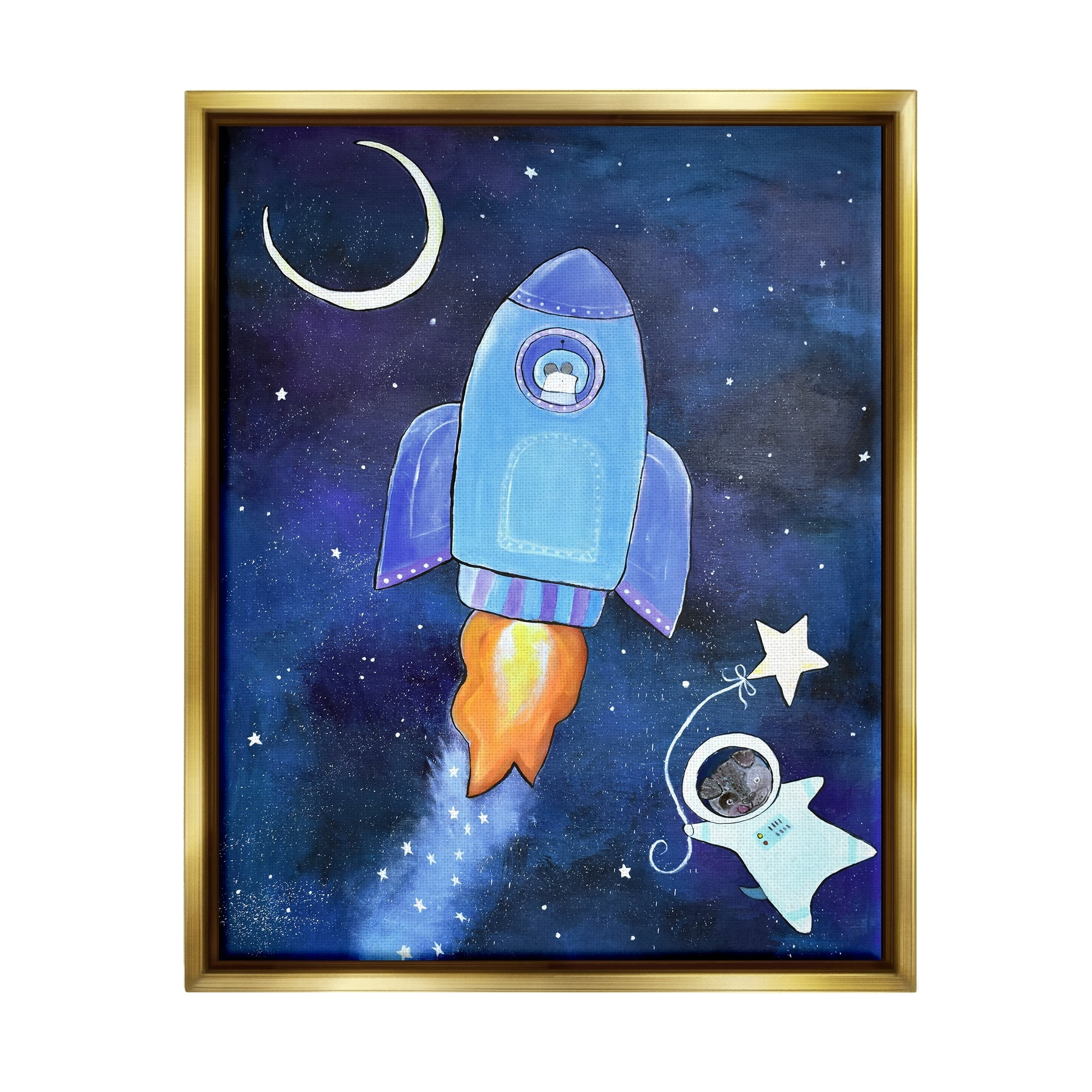 Stupell Industries Animals in Outer Space Rocket Ship Star Balloon Night Sky Graphic Art Metallic Gold Floating Framed Canvas Print Wall Art, Design by Andrea Doss