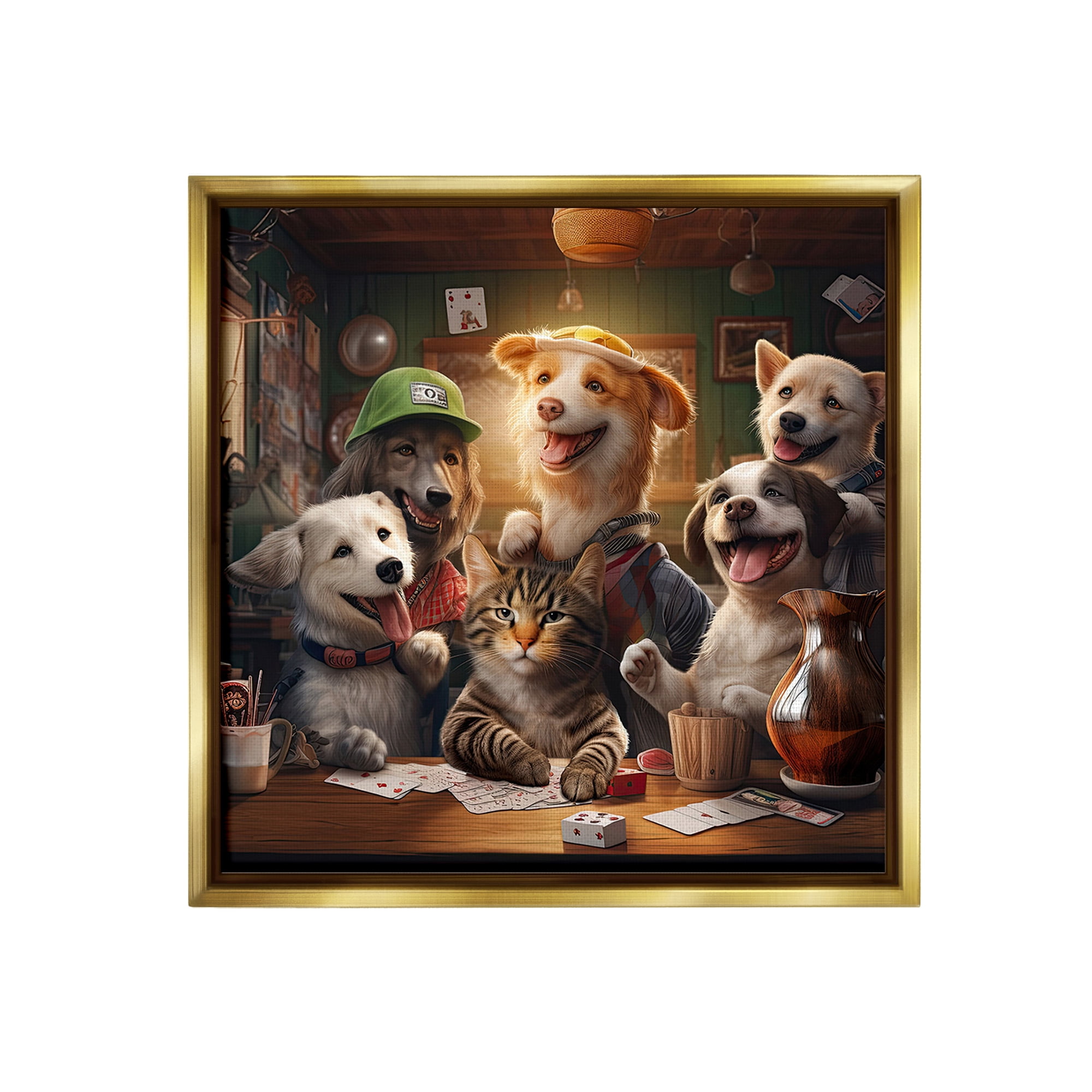 Stupell Industries Animals Playing Card Games Animals & Insects Painting Gold Floater Framed Canvas Art Print Wall Art, 18 x 18