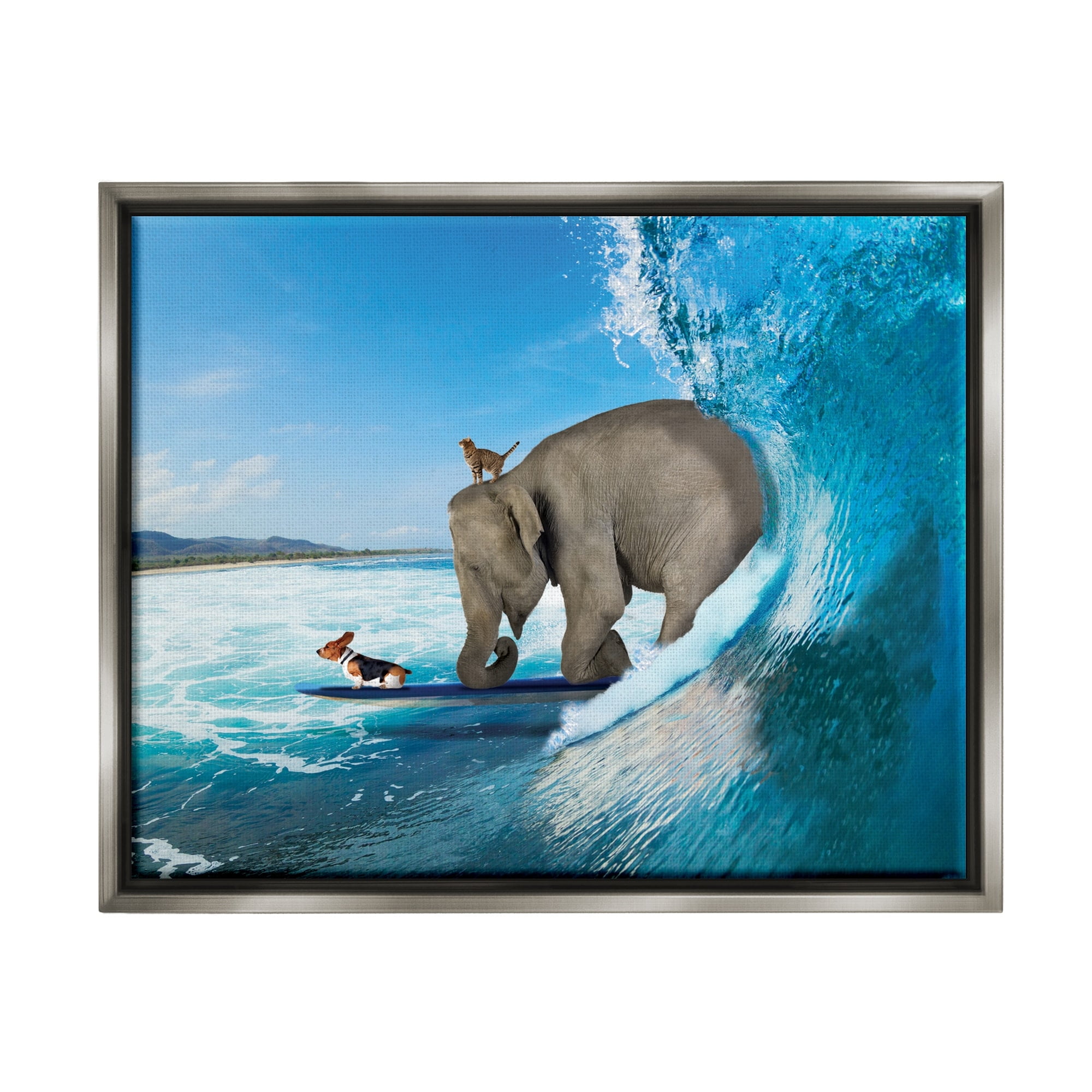 Stupell Industries Animals Riding Ocean Waves Surfing Elephant Cat Dog Graphic Art Luster Gray Floating Framed Canvas Print Wall Art, Design by Nobleworks