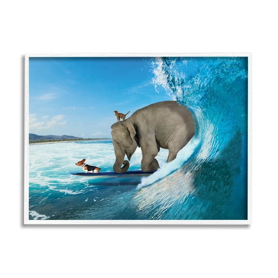 Stupell Industries Animals Riding Ocean Waves Surfing Elephant Cat Dog Graphic Art White Framed Art Print Wall Art, Design by Nobleworks