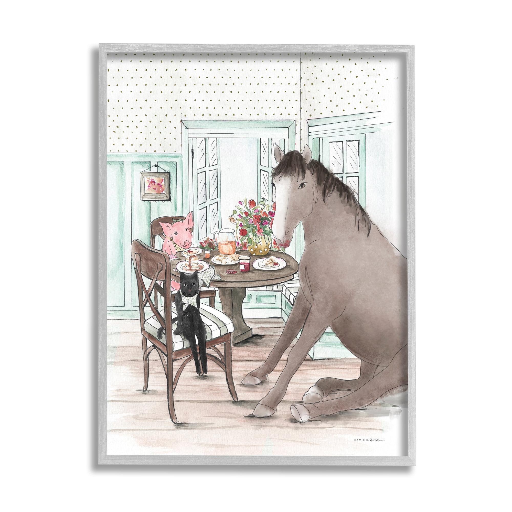 Stupell Industries Animals Sharing Meal Animals & Insects Painting Gray Framed Art Print Wall Art, 16 x 20