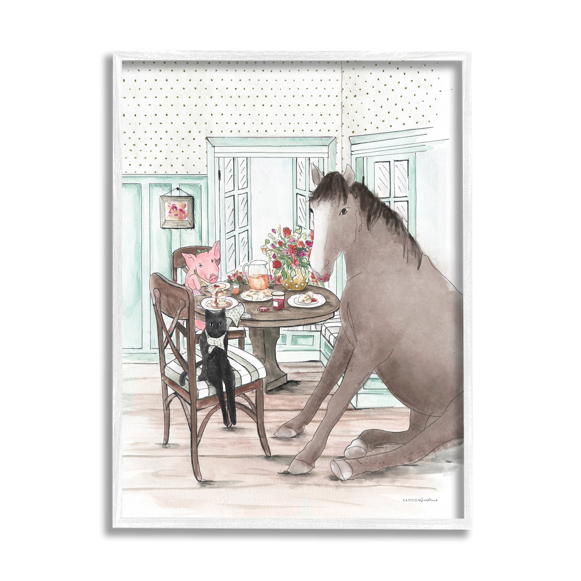 Stupell Industries Animals Sharing Meal Animals & Insects Painting White Framed Art Print Wall Art, 16 x 20