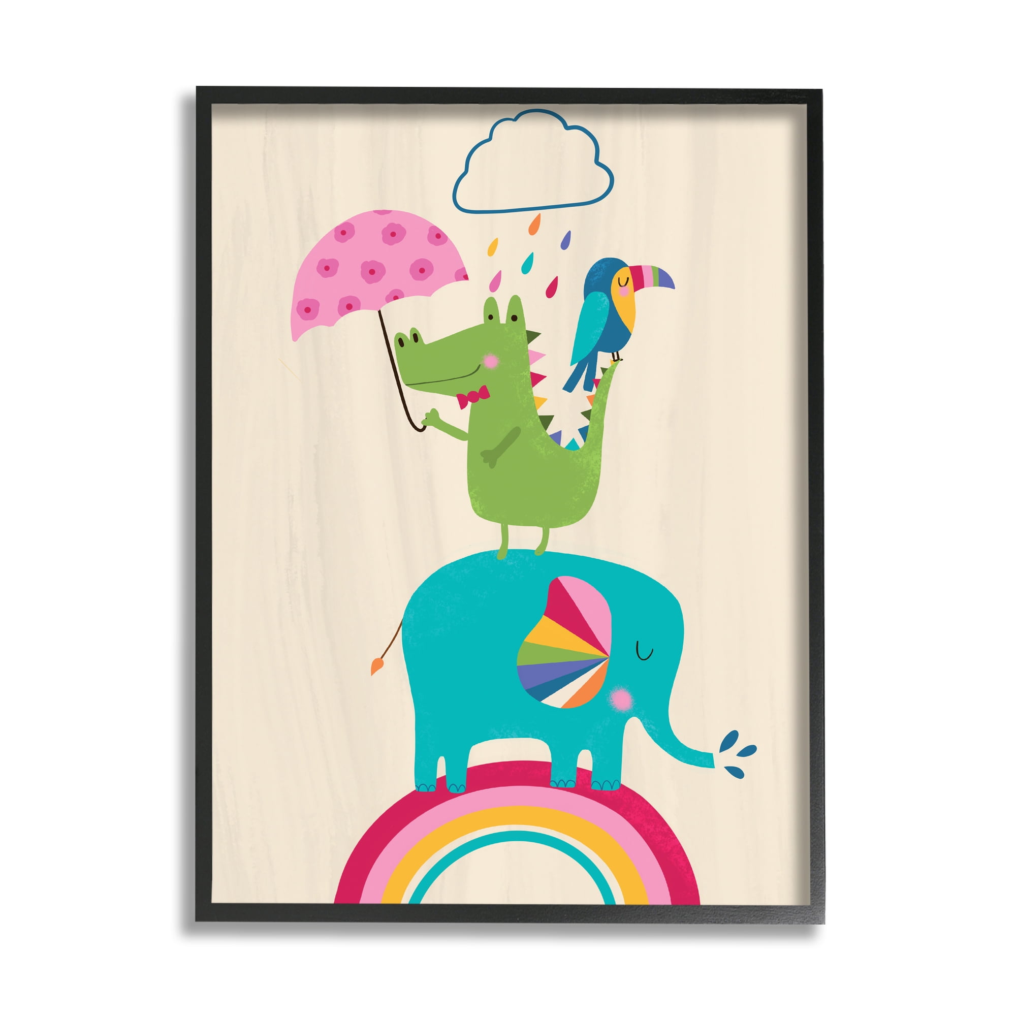 Stupell Industries Animals Standing on Rainbow Kid's Elephant Alligator Toucan Global Painting Black Framed Art Print Wall Art, 11 x 14, Design by Louise Allen