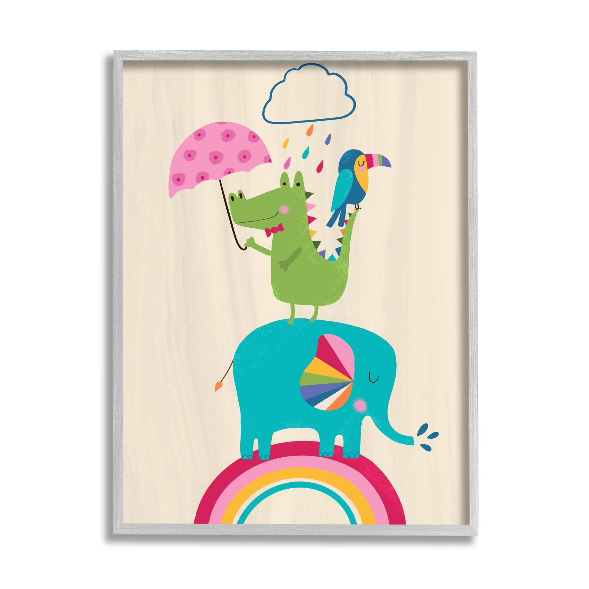 Stupell Industries Animals Standing on Rainbow Kid's Elephant Alligator Toucan Global Painting Gray Framed Art Print Wall Art, 11 x 14, Design by Louise Allen