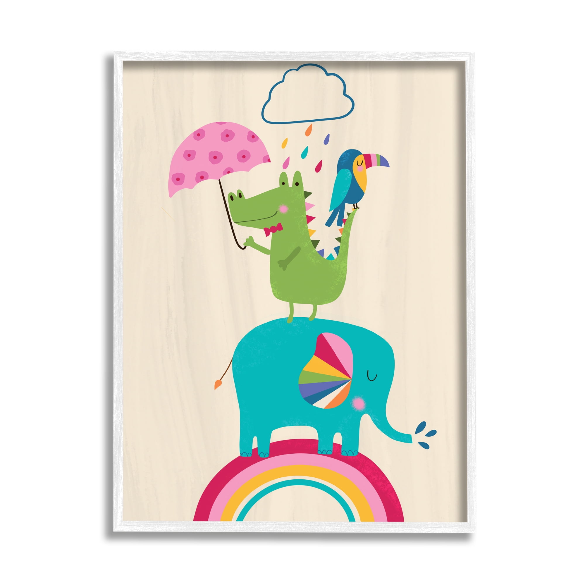 Stupell Industries Animals Standing on Rainbow Kid's Elephant Alligator Toucan, 24 x 30, Designed by Louise Allen
