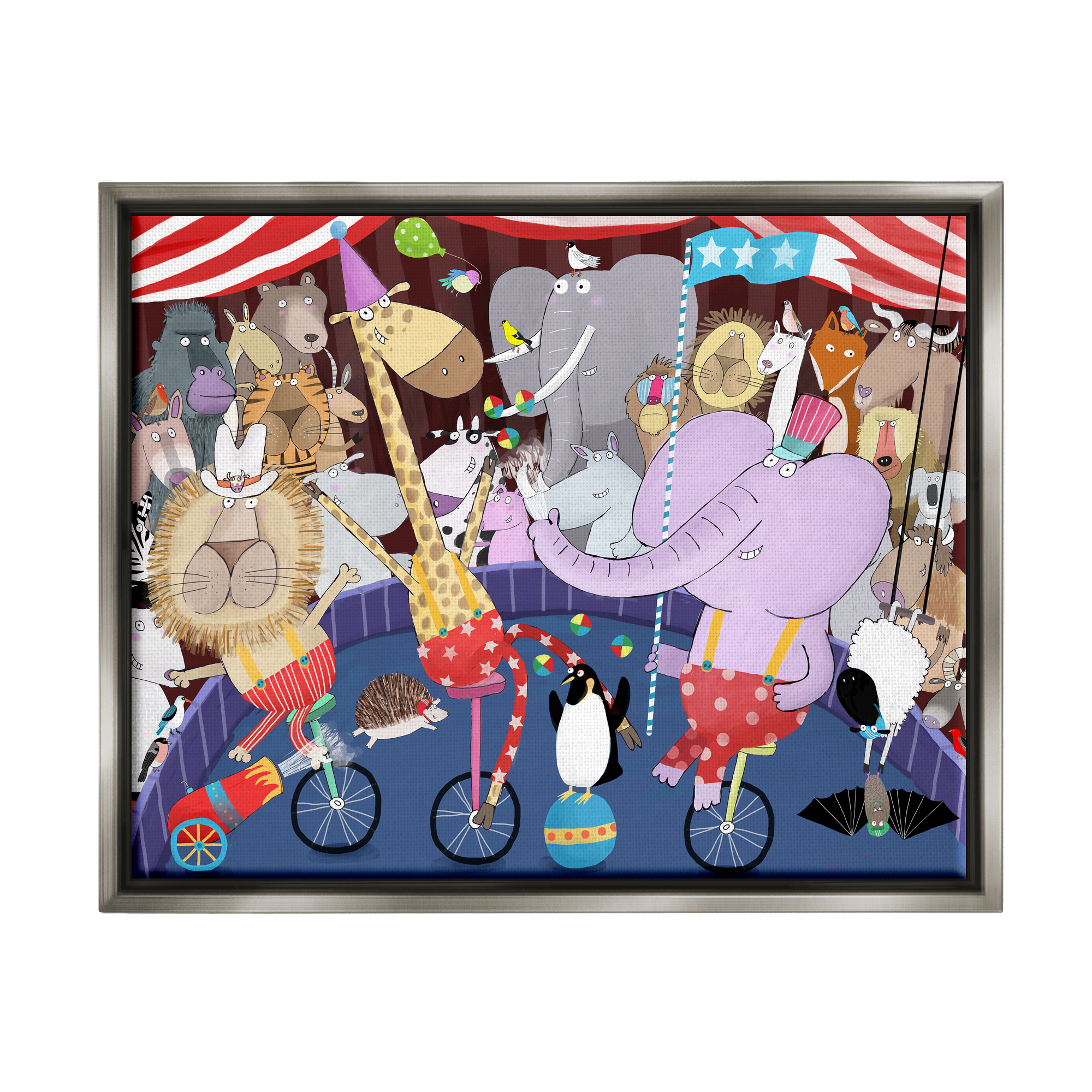 Stupell Industries Animals in Circus Scene Animals & Insects Painting Gray Floater Framed Art Print Wall Art, 21 x 17