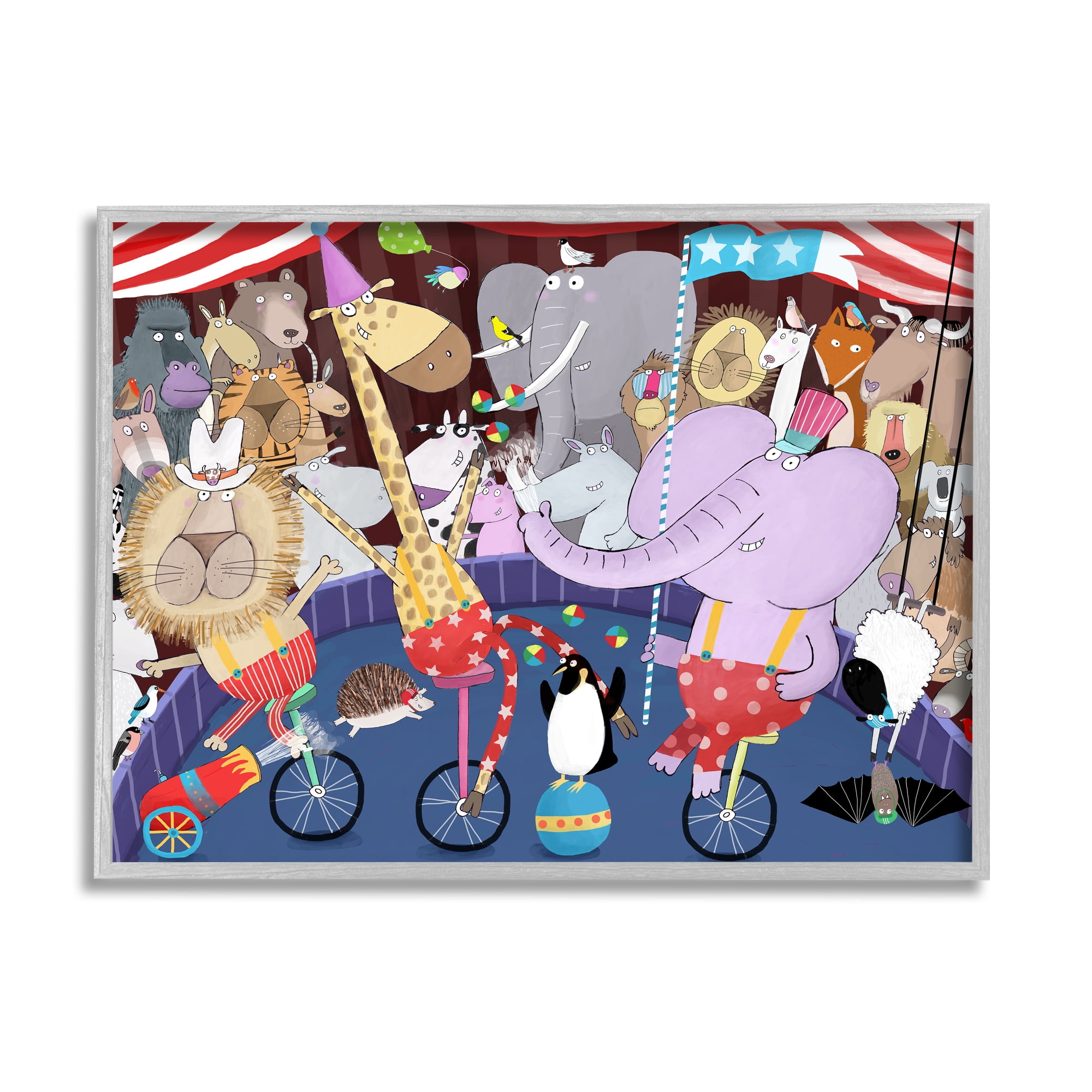 Stupell Industries Animals in Circus Scene Animals & Insects Painting Gray Framed Art Print Wall Art, 14 x 11