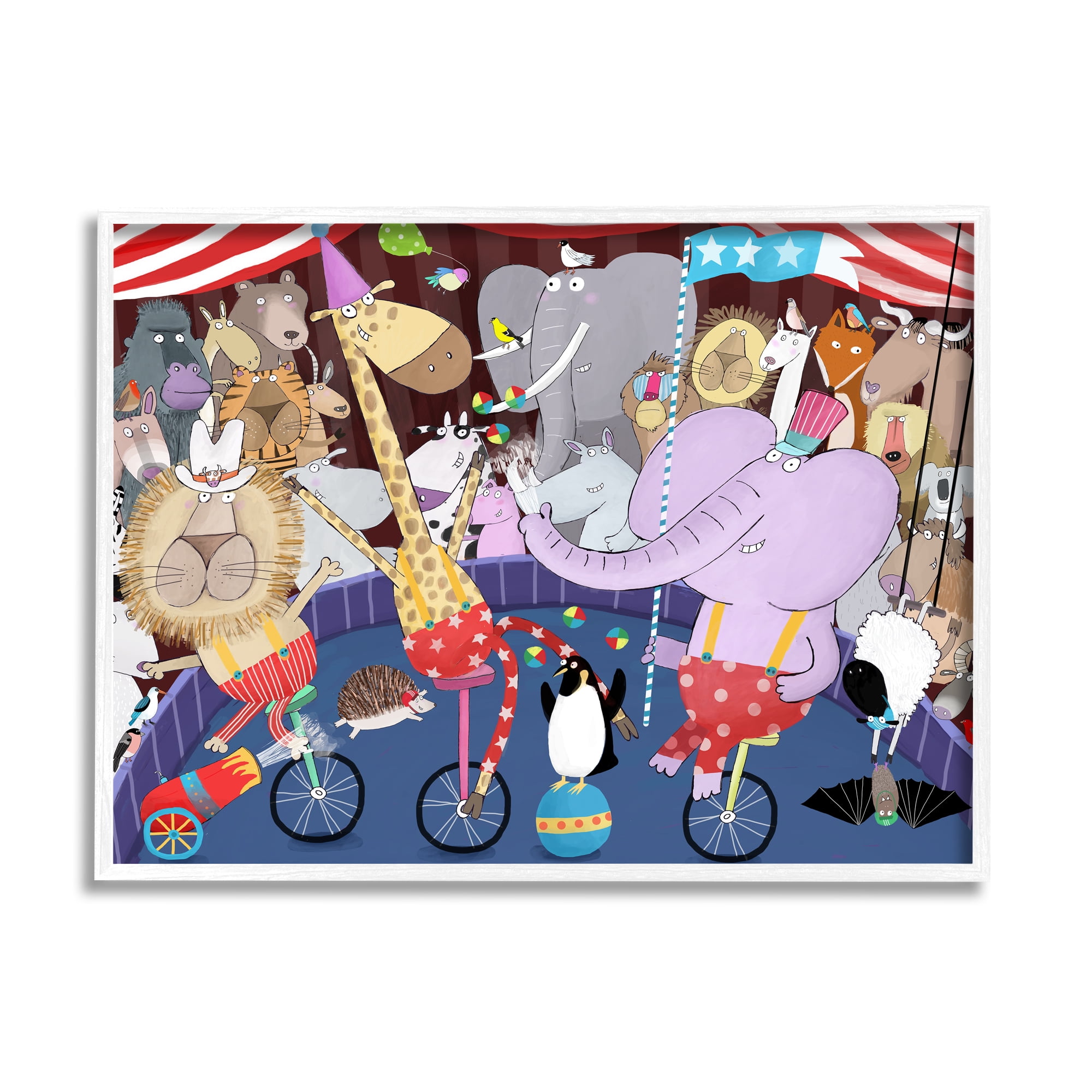 Stupell Industries Animals in Circus Scene Animals & Insects Painting White Framed Art Print Wall Art, 14 x 11