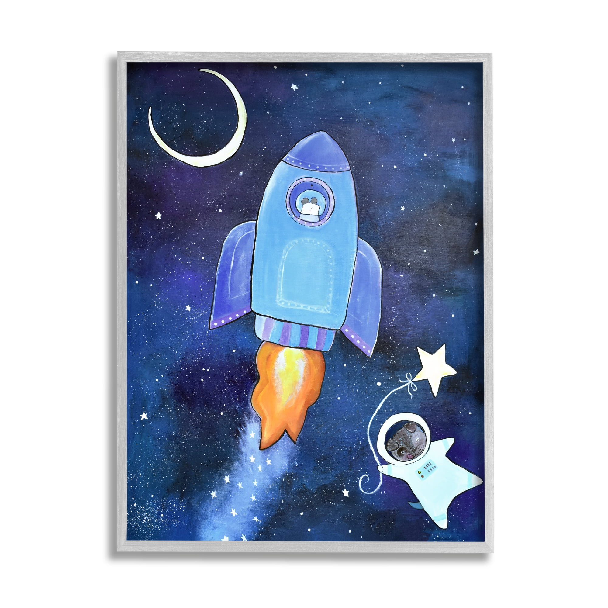 Stupell Industries Animals in Outer Space Rocket Ship Star Balloon Night Sky Graphic Art Gray Framed Art Print Wall Art, Design by Andrea Doss