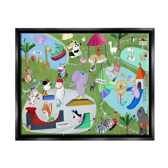 Stupell Industries Animals in Skateboard Park Animals & Insects Painting Black Floater Framed Art Print Wall Art, 21 x 17