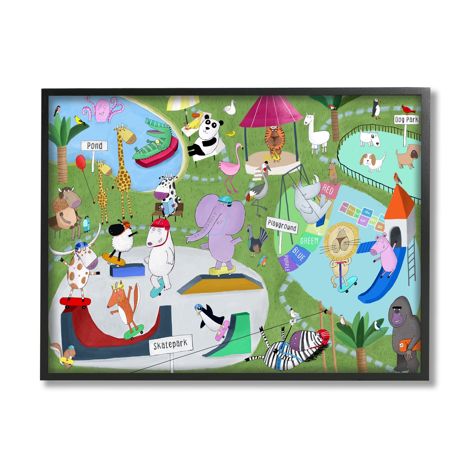 Stupell Industries Animals in Skateboard Park Animals & Insects Painting Black Framed Art Print Wall Art, 30 x 24