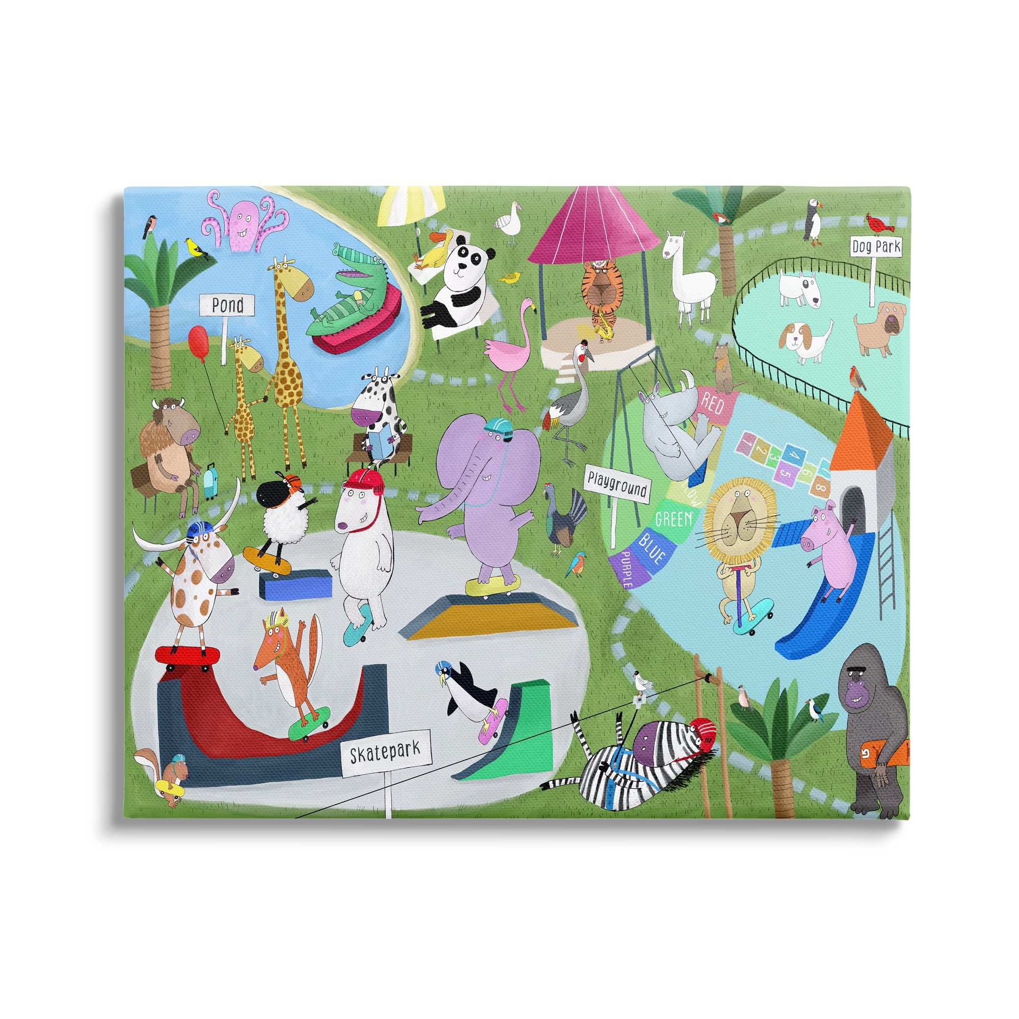 Stupell Industries Animals in Skateboard Park Animals & Insects Painting Gallery Wrapped Canvas Print Wall Art, 30 x 24
