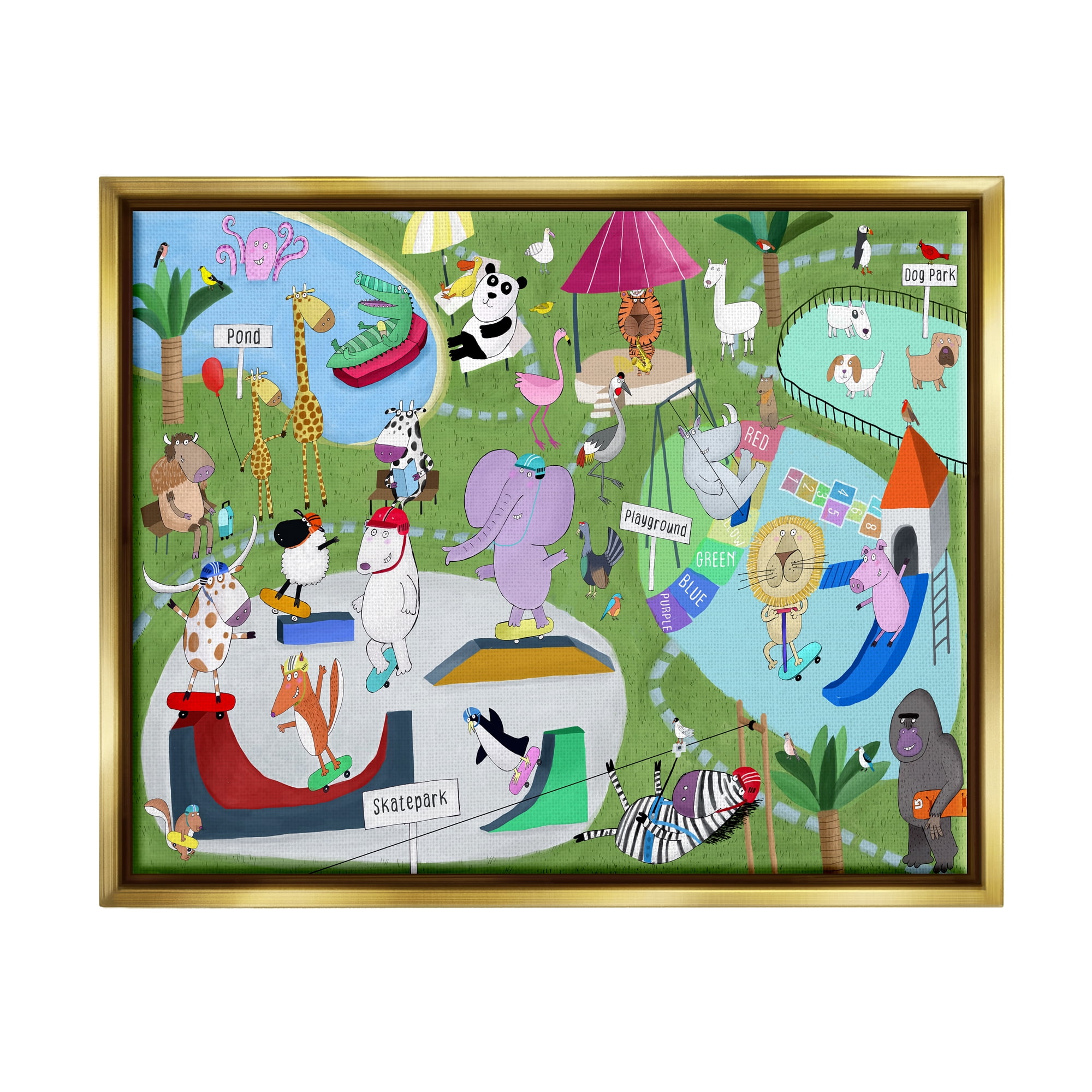 Stupell Industries Animals in Skateboard Park Animals & Insects Painting Gold Floater Framed Art Print Wall Art, 21 x 17