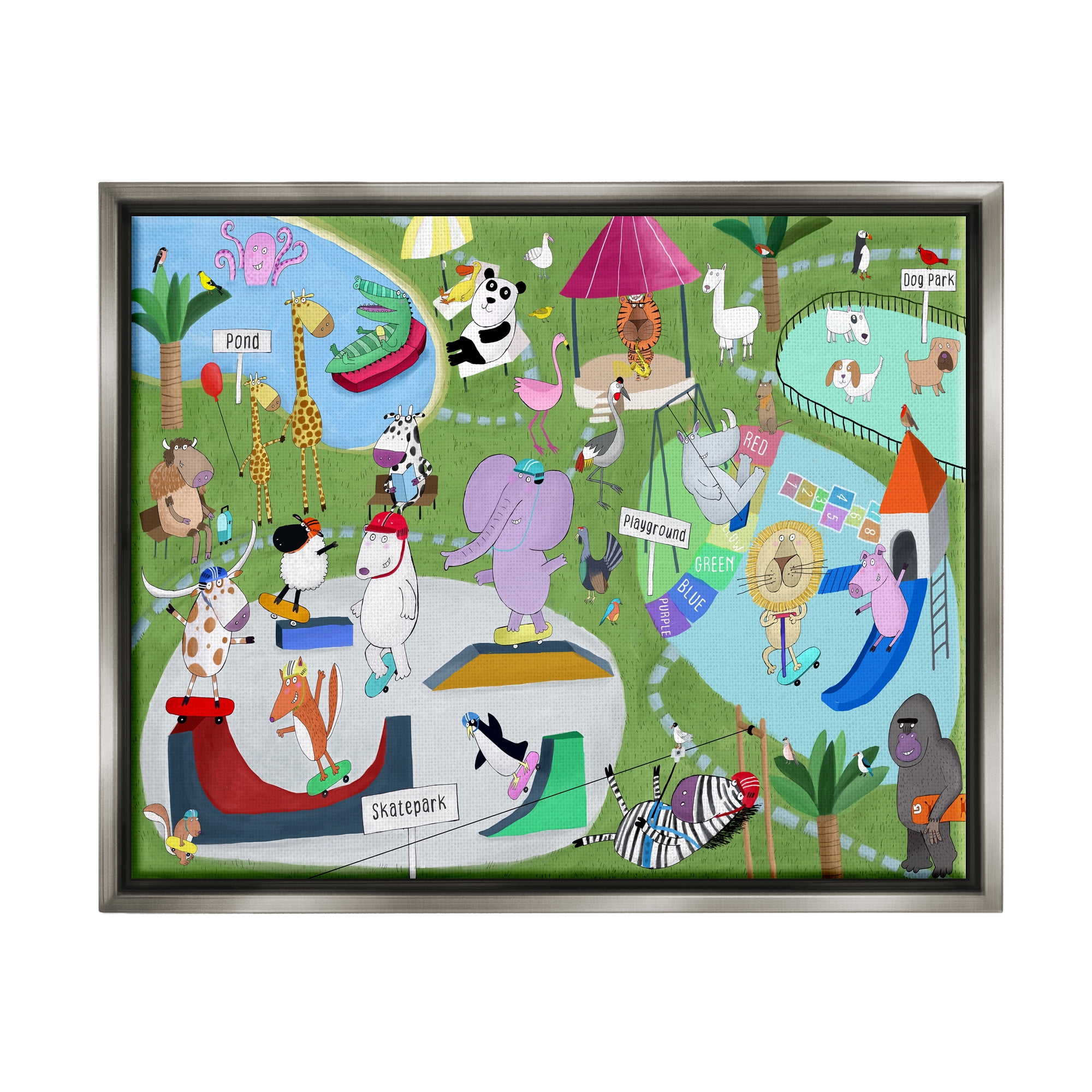 Stupell Industries Animals in Skateboard Park Animals & Insects Painting Gray Floater Framed Art Print Wall Art, 21 x 17