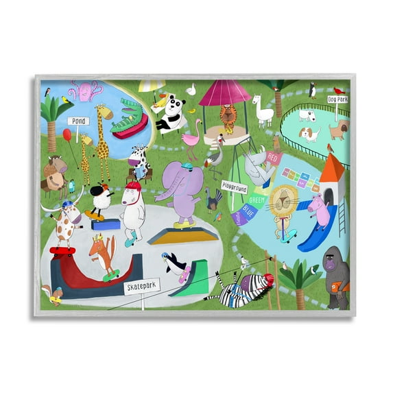 Stupell Industries Animals in Skateboard Park Animals & Insects Painting Gray Framed Art Print Wall Art, 14 x 11
