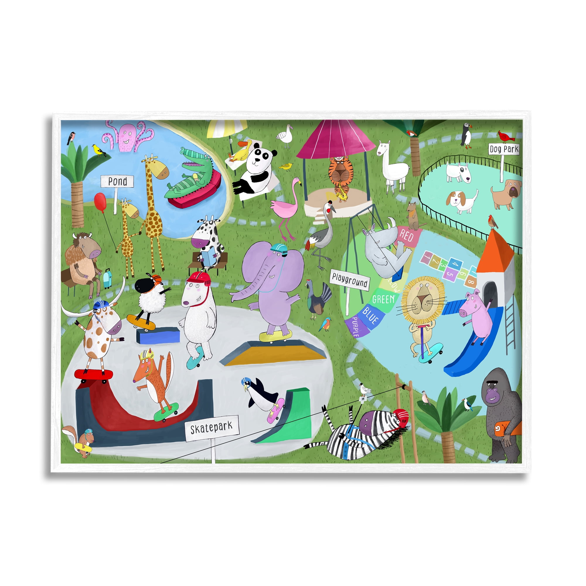 Stupell Industries Animals in Skateboard Park Animals & Insects Painting White Framed Art Print Wall Art, 14 x 11