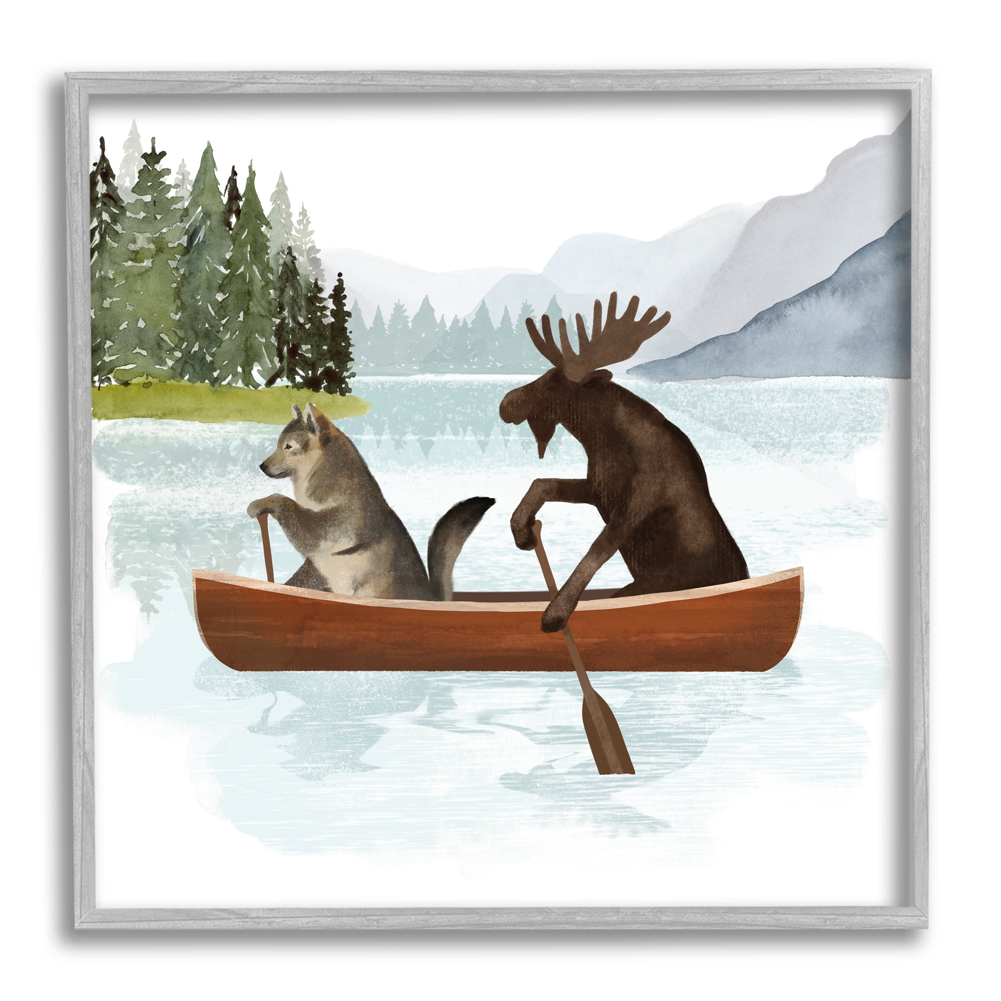 Stupell Industries Animals on Canoe Animals & Insects Painting Gray Framed Art Print Wall Art, 17 x 17