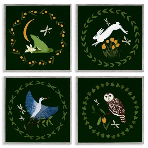 Stupell Industries Animals with Circular Wreaths Animals Painting Gray Framed Art Print Wall Art, 12 x 12, Set of 4