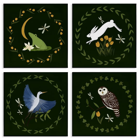 Stupell Industries Animals with Circular Wreaths Animals Painting Wrapped Canvas Art Print Wall Art, 17 x 17, Set of 4