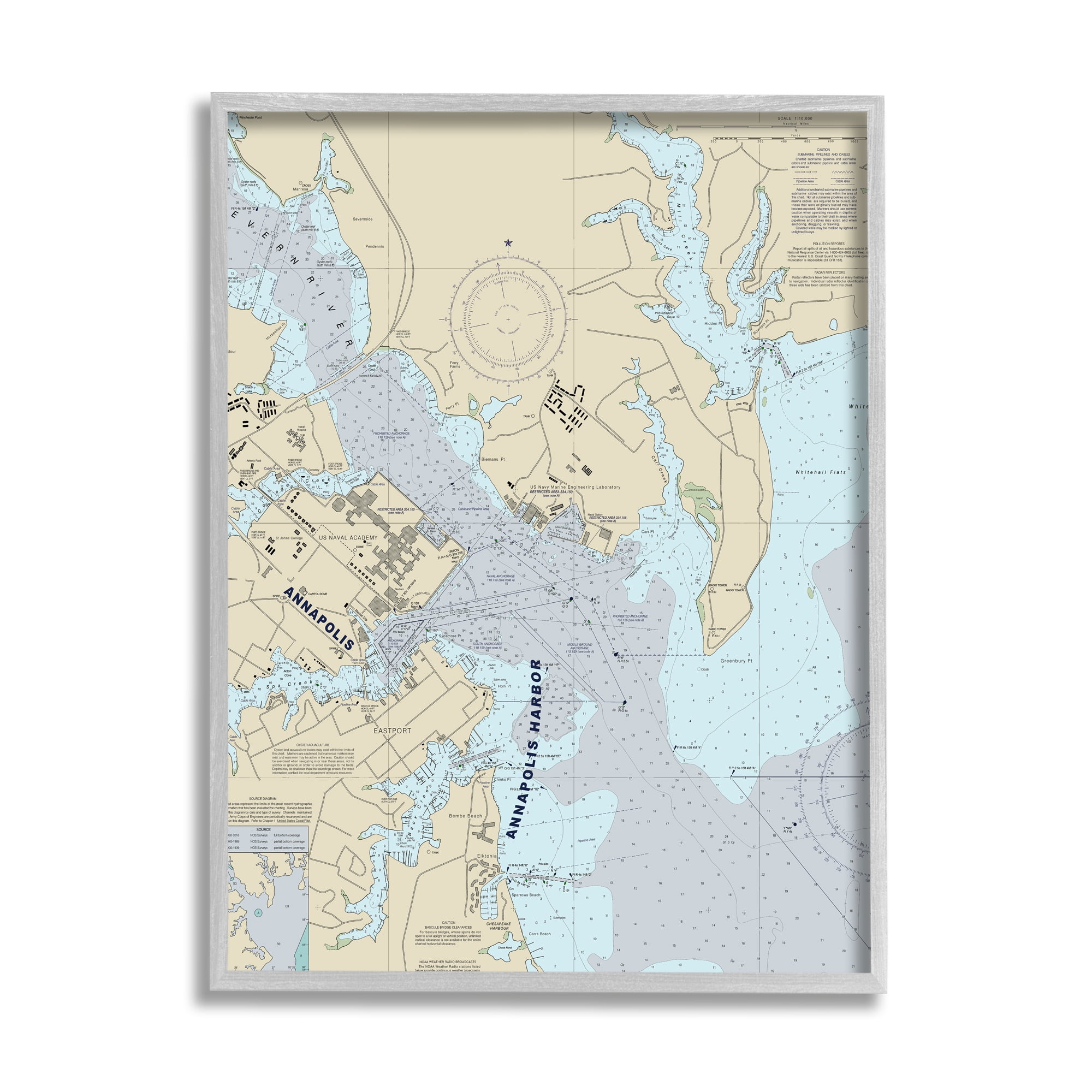 Stupell Industries Annapolis Harbor Nautical Map Traditional Cartography Chart Vintage Painting Gray Framed Art Print Wall Art, 16 x 20, Design by Daphne Polselli
