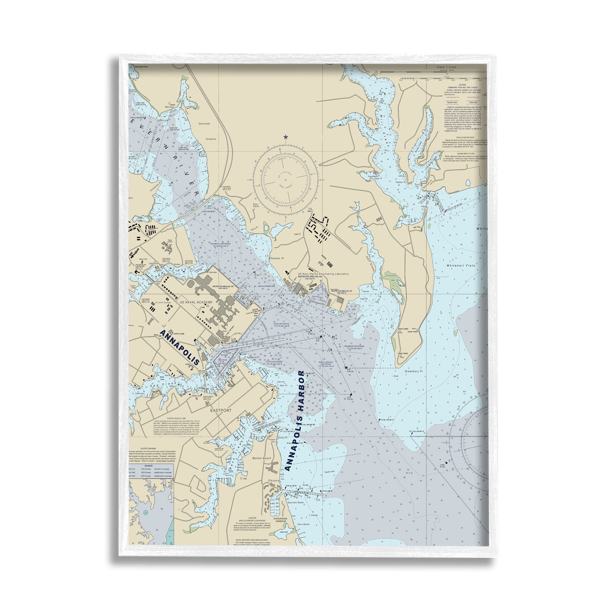 Stupell Industries Annapolis Harbor Nautical Map Traditional Cartography Chart Vintage Painting White Framed Art Print Wall Art, 24 x 30, Design by Daphne Polselli