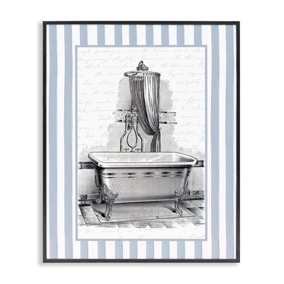 Stupell Industries Antique Bath Blue Stripes Black Framed Giclee Art design by Lettered and Lined, 14 x 11