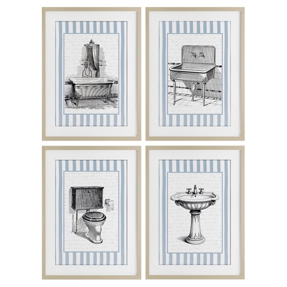 Stupell Industries Antique Bathroom Blue Stripes 4 Piece Birch Framed Print Under Glass Set design by Lettered and Lined, 20 x 14