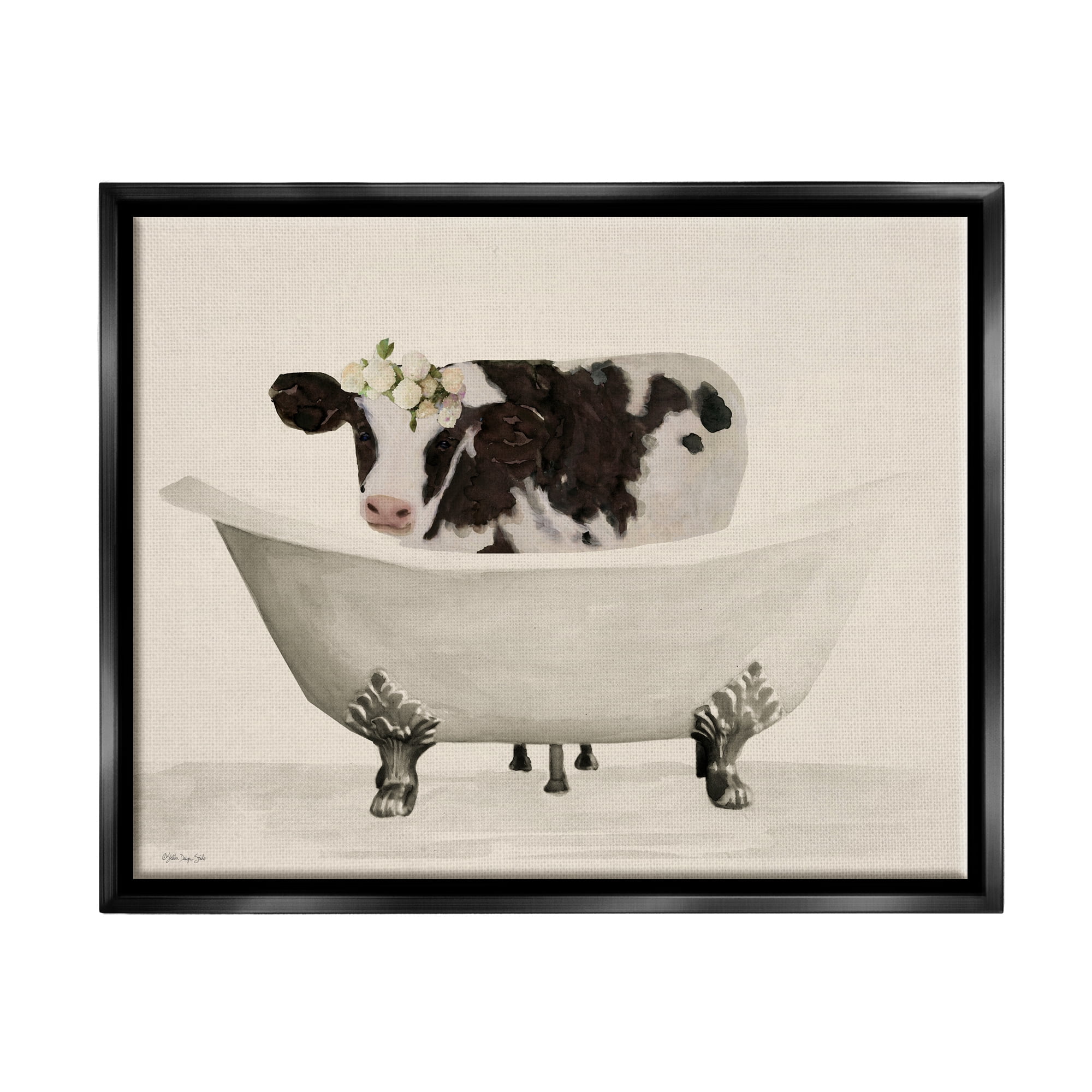 Stupell Industries Antique Bathtub Cow Animals & Insects Painting Black Floater Framed Art Print Wall Art, 31 x 25