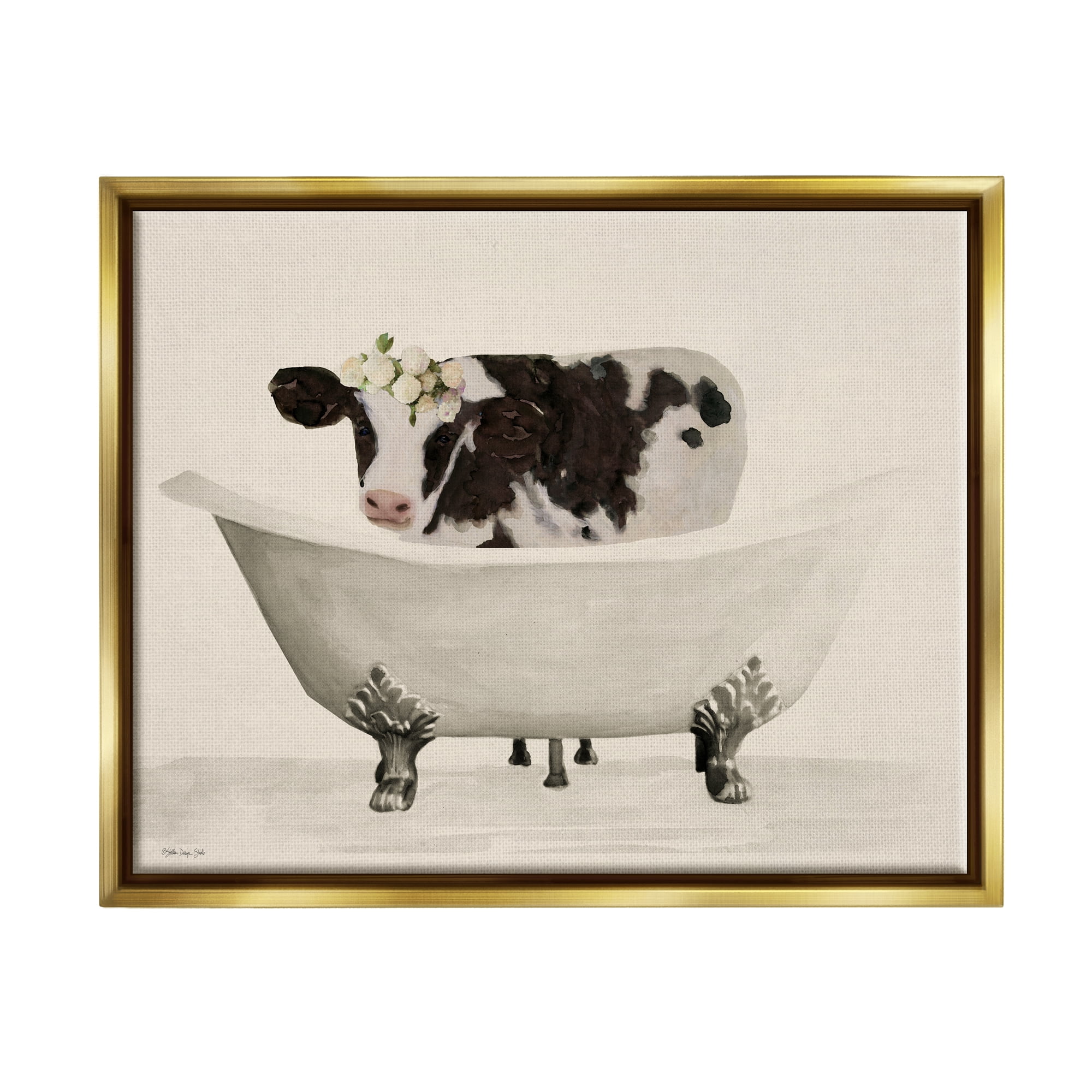 Stupell Industries Antique Bathtub Cow Animals & Insects Painting Gold Floater Framed Art Print Wall Art, 21 x 17