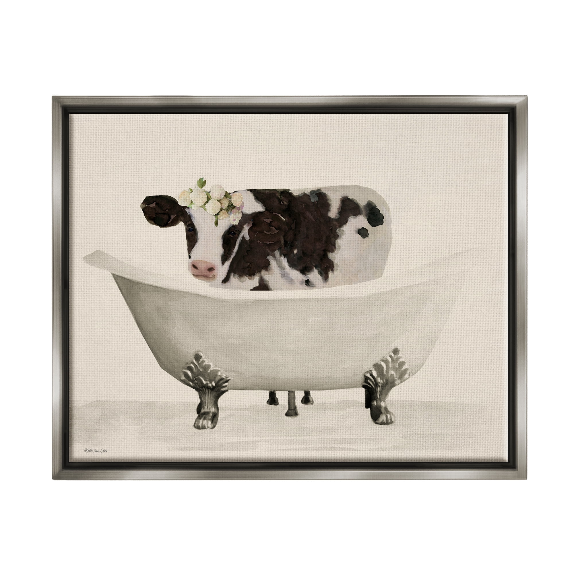 Stupell Industries Antique Bathtub Cow Animals & Insects Painting Gray Floater Framed Art Print Wall Art, 31 x 25