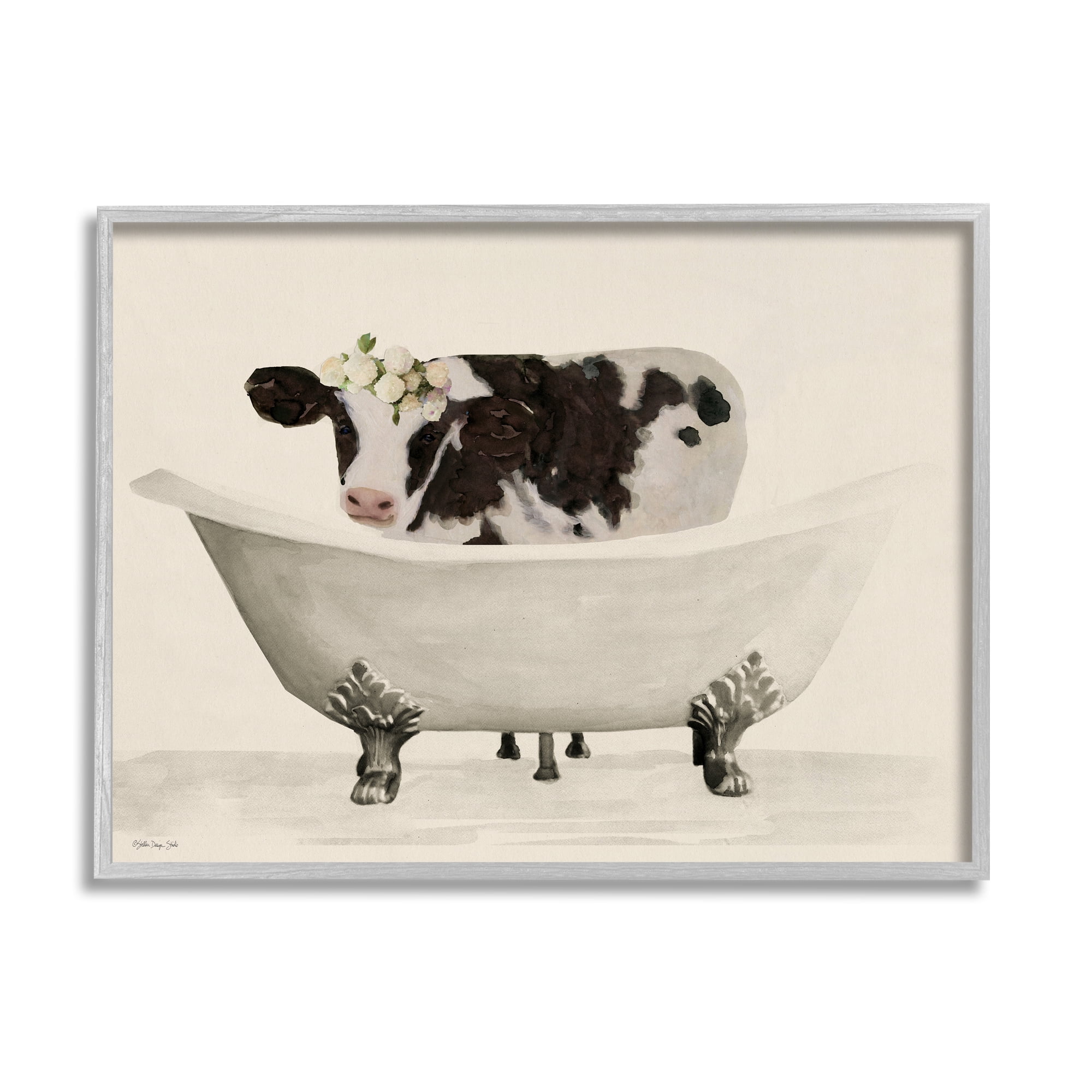 Stupell Industries Antique Bathtub Cow Animals & Insects Painting Gray Framed Art Print Wall Art, 30 x 24