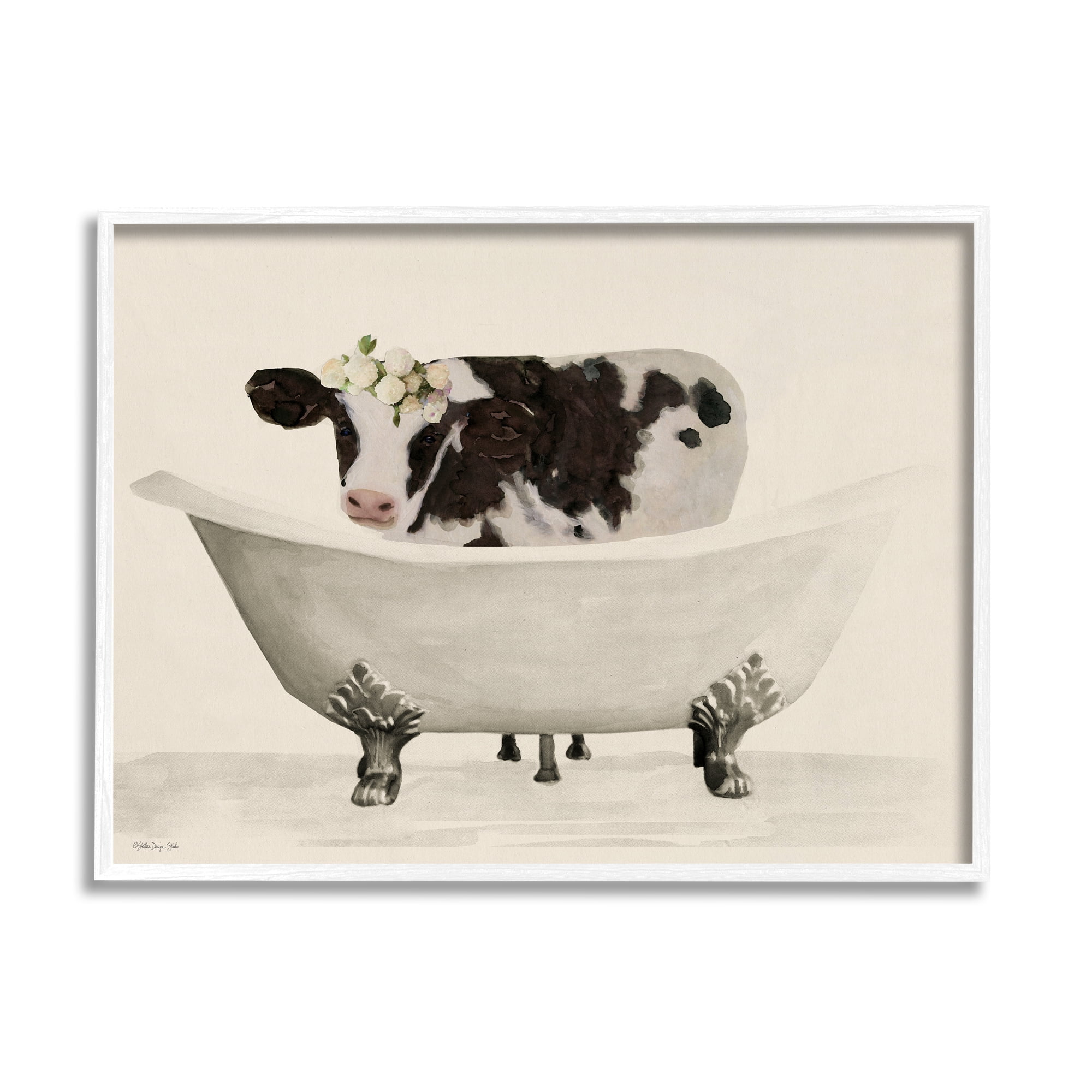 Stupell Industries Antique Bathtub Cow Animals & Insects Painting White Framed Art Print Wall Art, 20 x 16