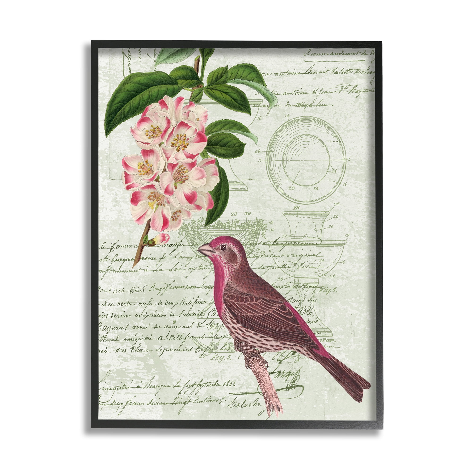 Stupell Industries Antique Bird House Patent Vintage Tree Florals Rosy-Finch, 11 x 14, Design by Daphne Polselli