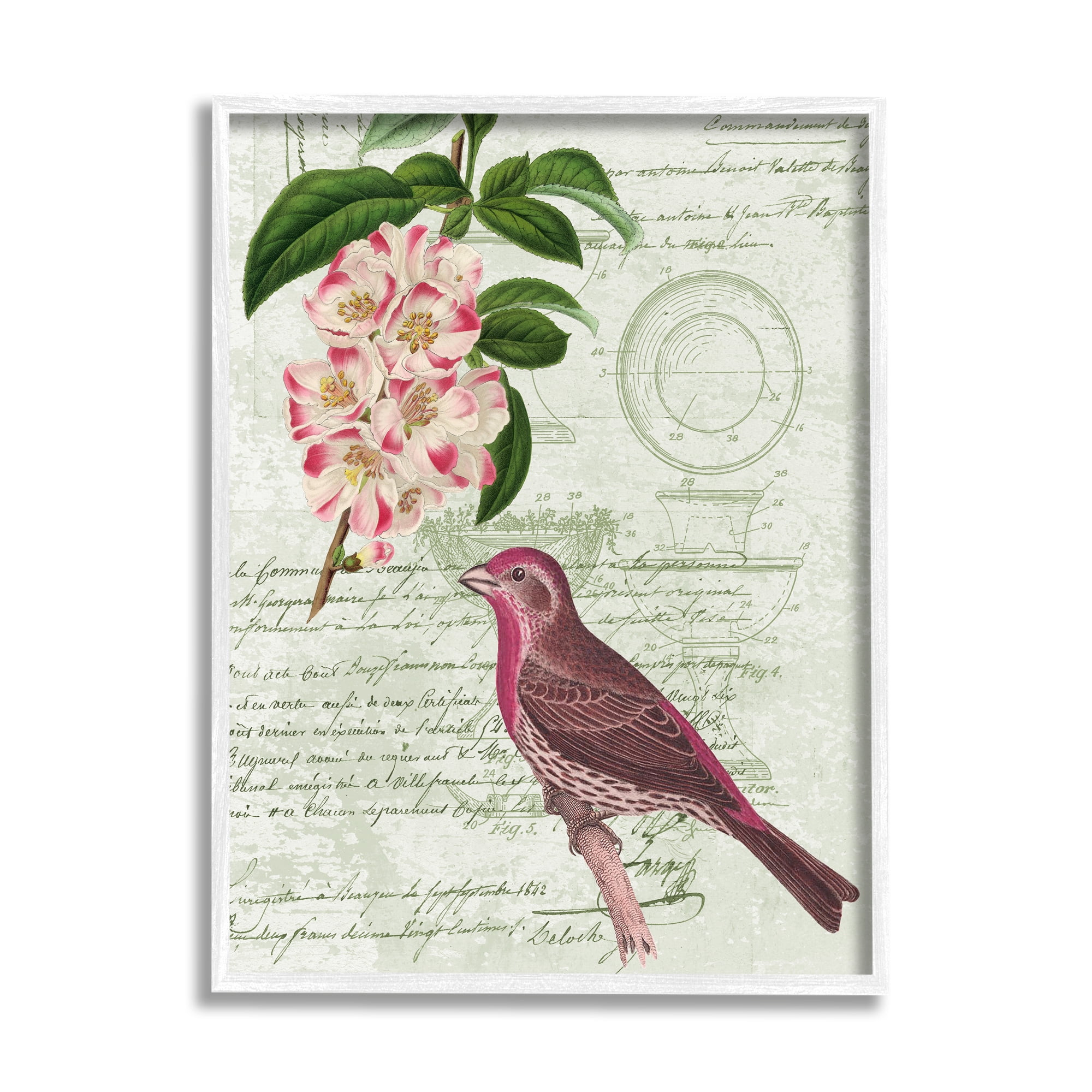 Stupell Industries Antique Bird House Patent Vintage Tree Florals Rosy-Finch, 24 x 30, Design by Daphne Polselli