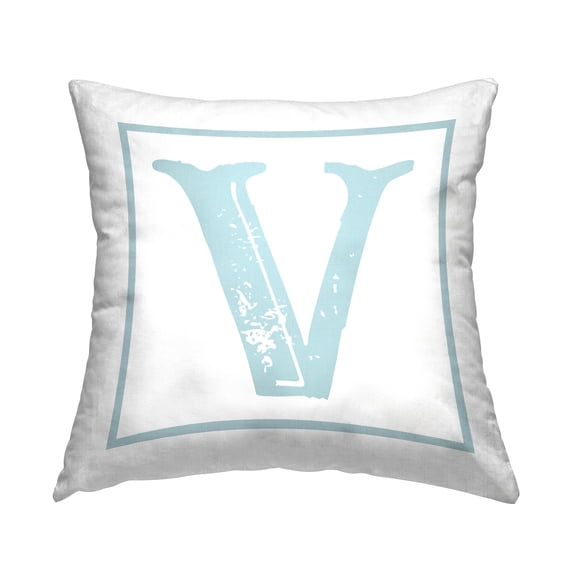 Stupell Industries Antique Blue Letter V Square Decorative Printed Throw Pillow, 18 x 18