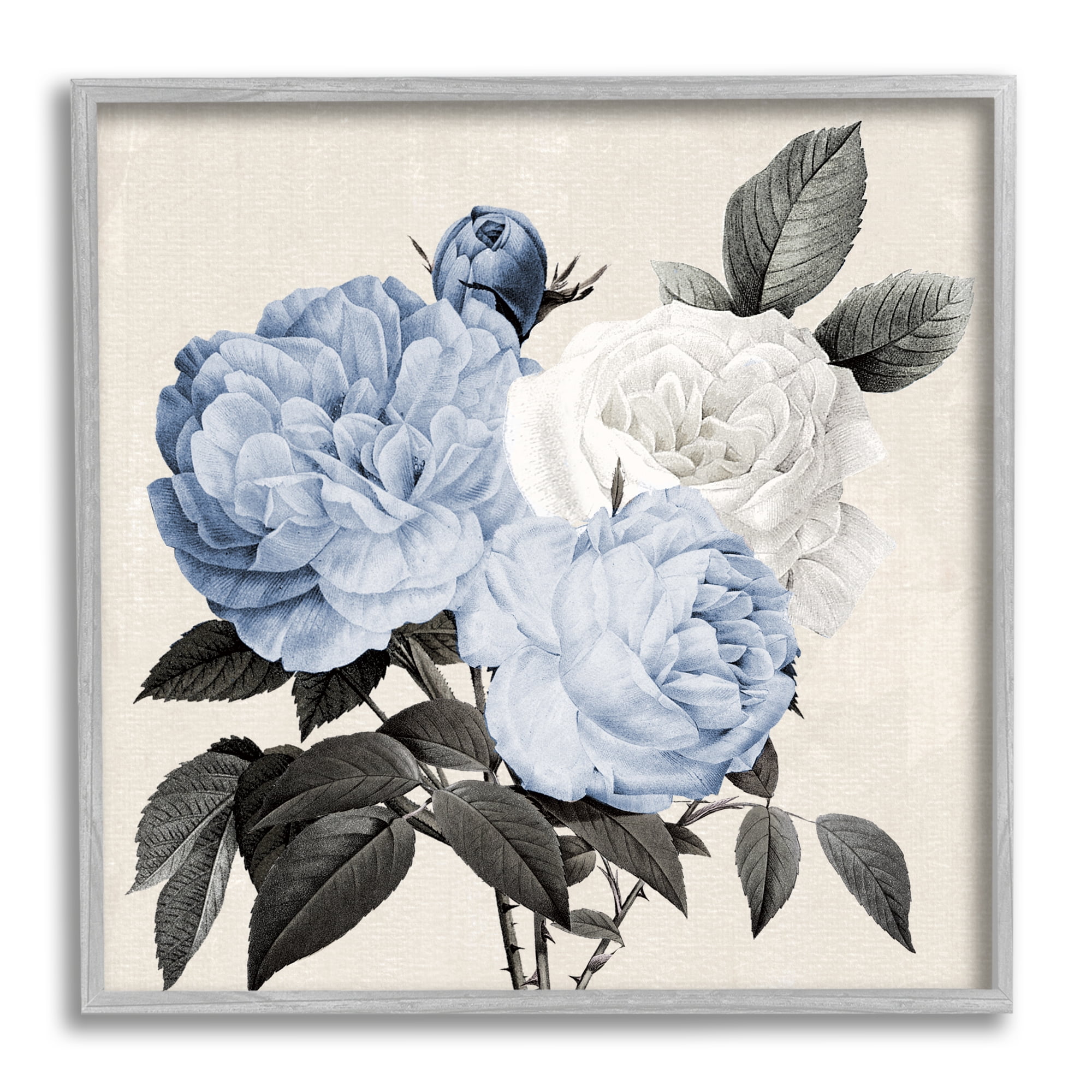 Stupell Industries Antique Blue Rose Blooms Botanical & Floral Painting Gray Framed Art Print Wall Art, 17 x 17