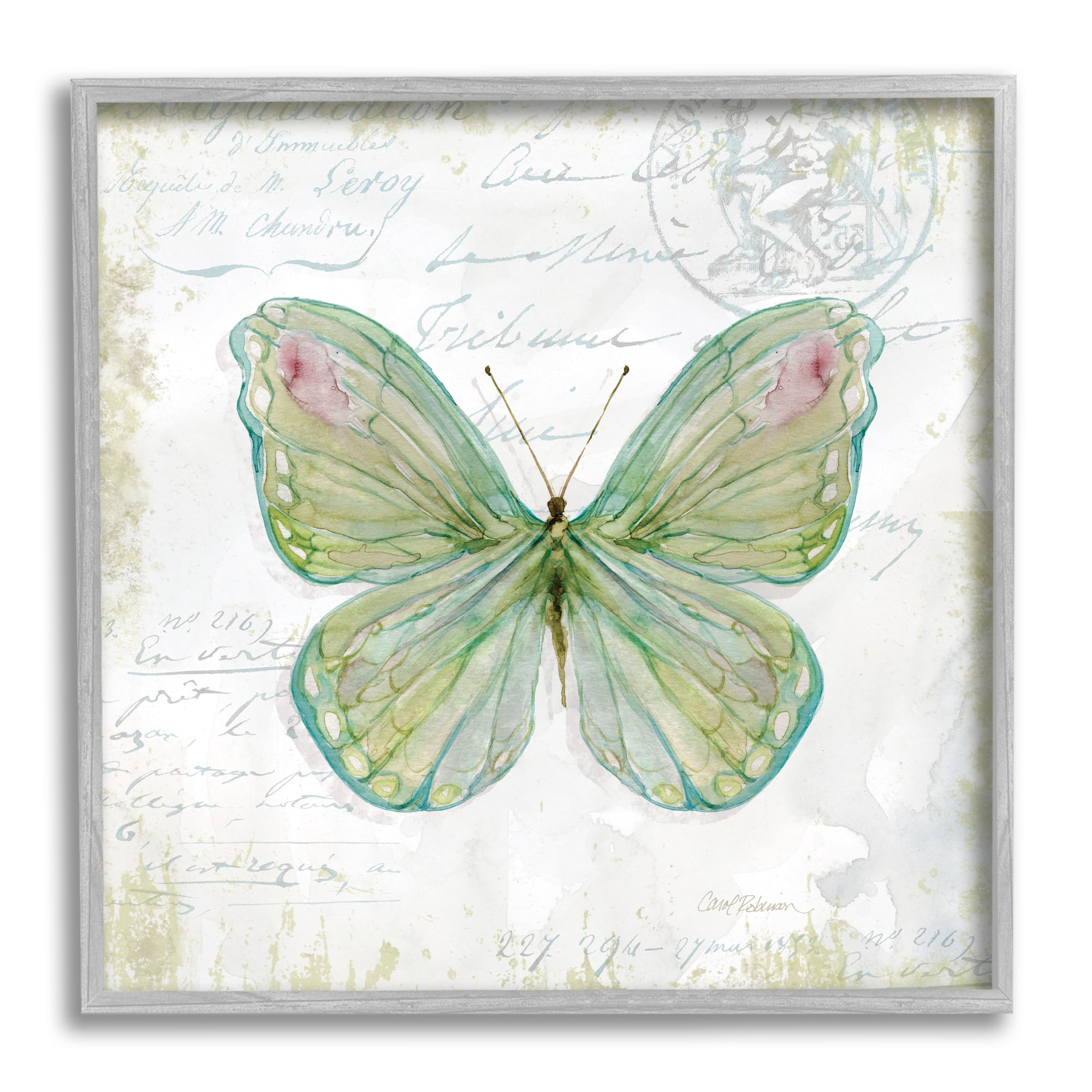 Stupell Industries Antique Butterfly Insect Charming Vintage Postal Scripture Animals & Insects Painting Gray Framed Art Print Wall Art, 12 x 12