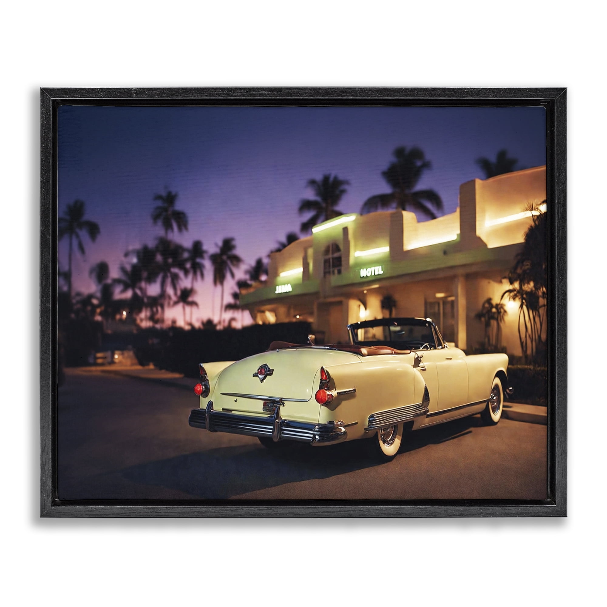 Stupell Industries Antique Car Tropical Motel Transportation Painting Black Floater Framed Canvas Art Print Wall Art, 31 x 25