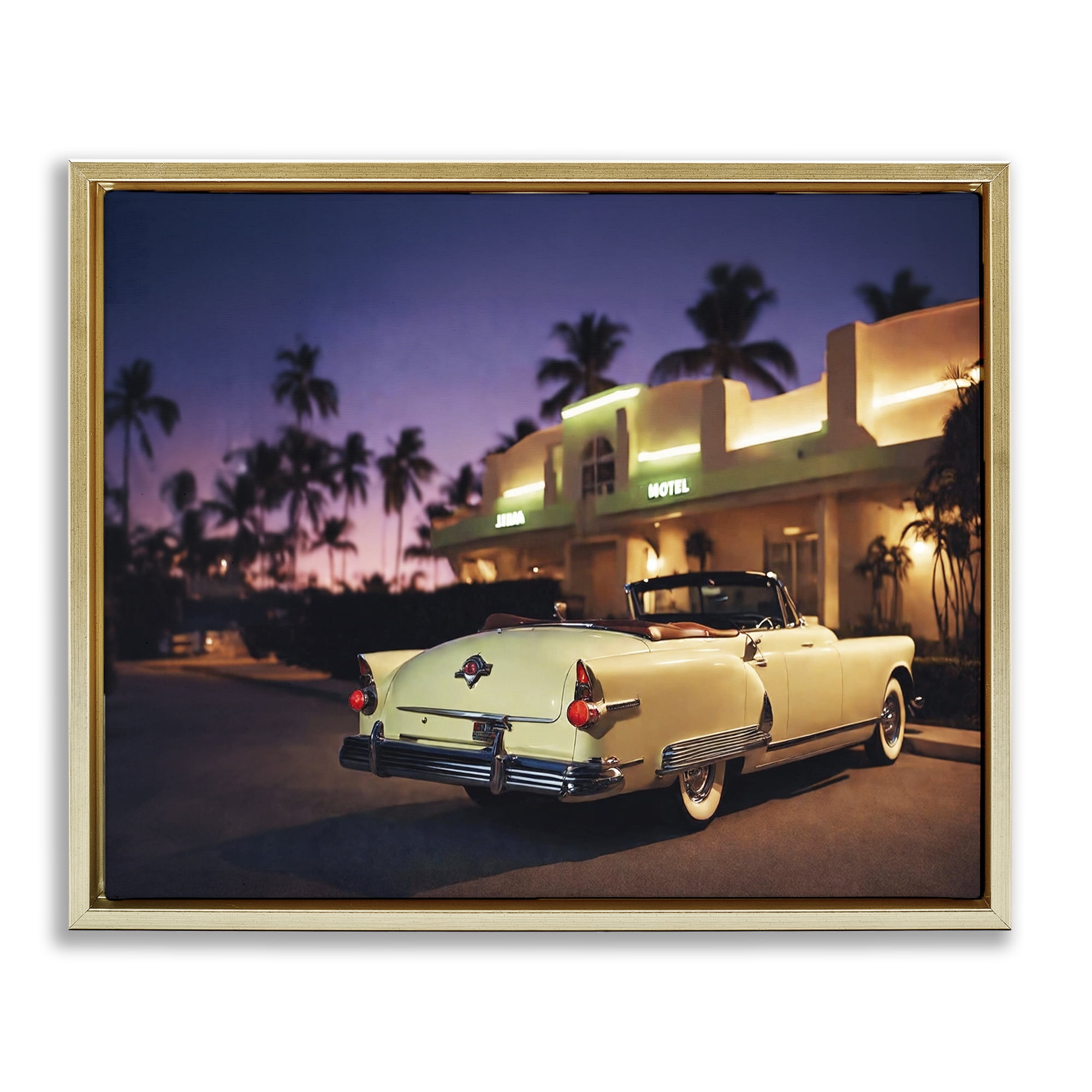 Stupell Industries Antique Car Tropical Motel Transportation Painting Gold Floater Framed Canvas Art Print Wall Art, 21 x 17