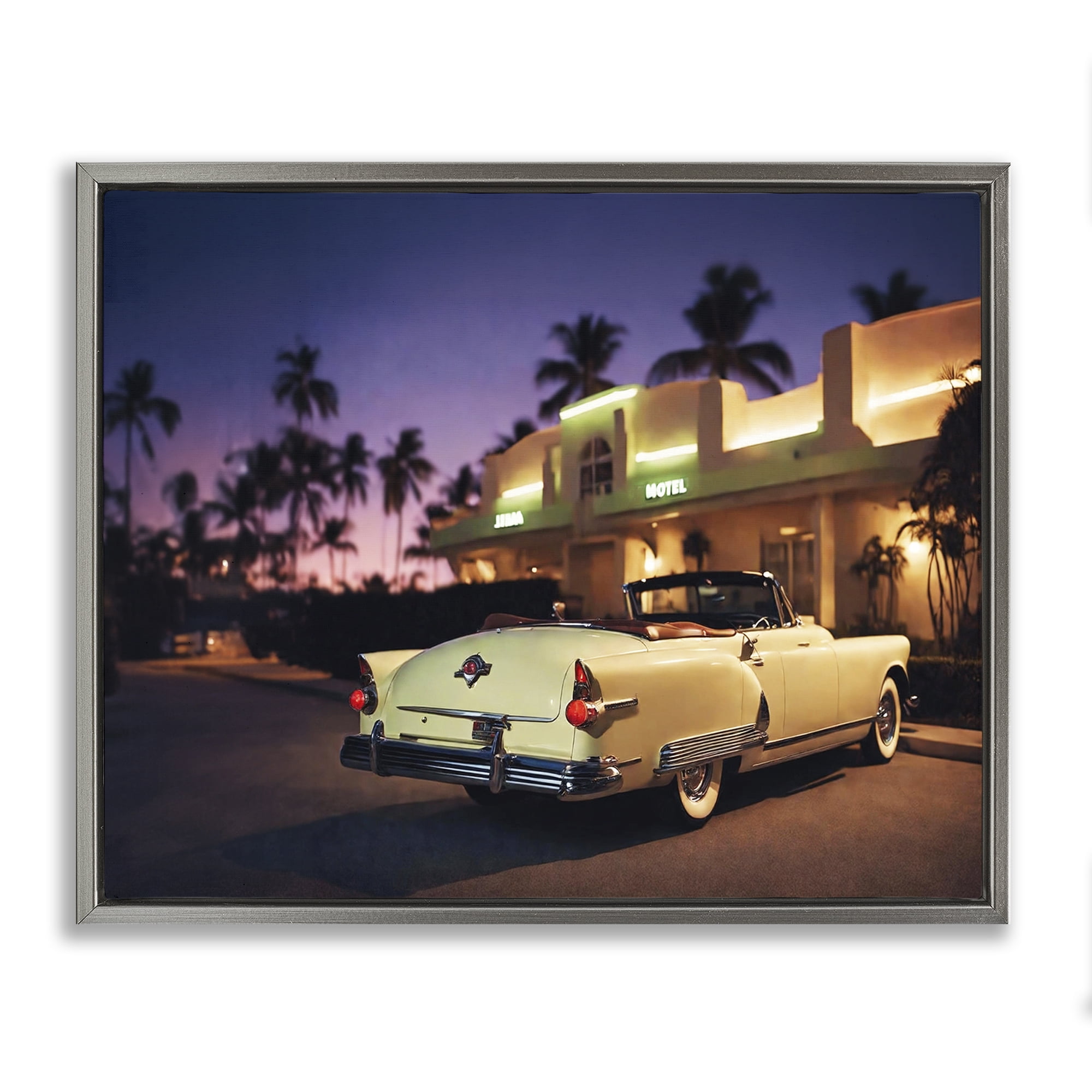 Stupell Industries Antique Car Tropical Motel Transportation Painting Gray Floater Framed Canvas Art Print Wall Art, 31 x 25