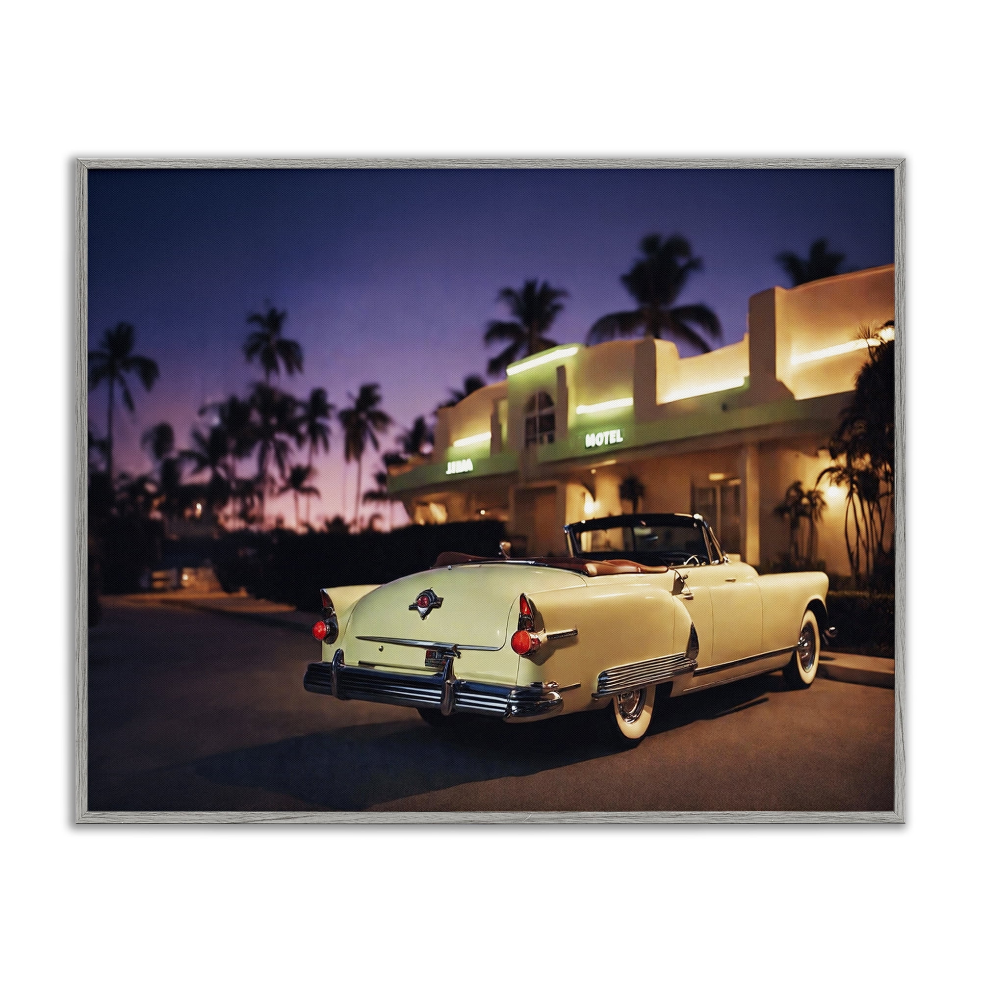 Stupell Industries Antique Car Tropical Motel Transportation Painting Gray Framed Art Print Wall Art, 14 x 11