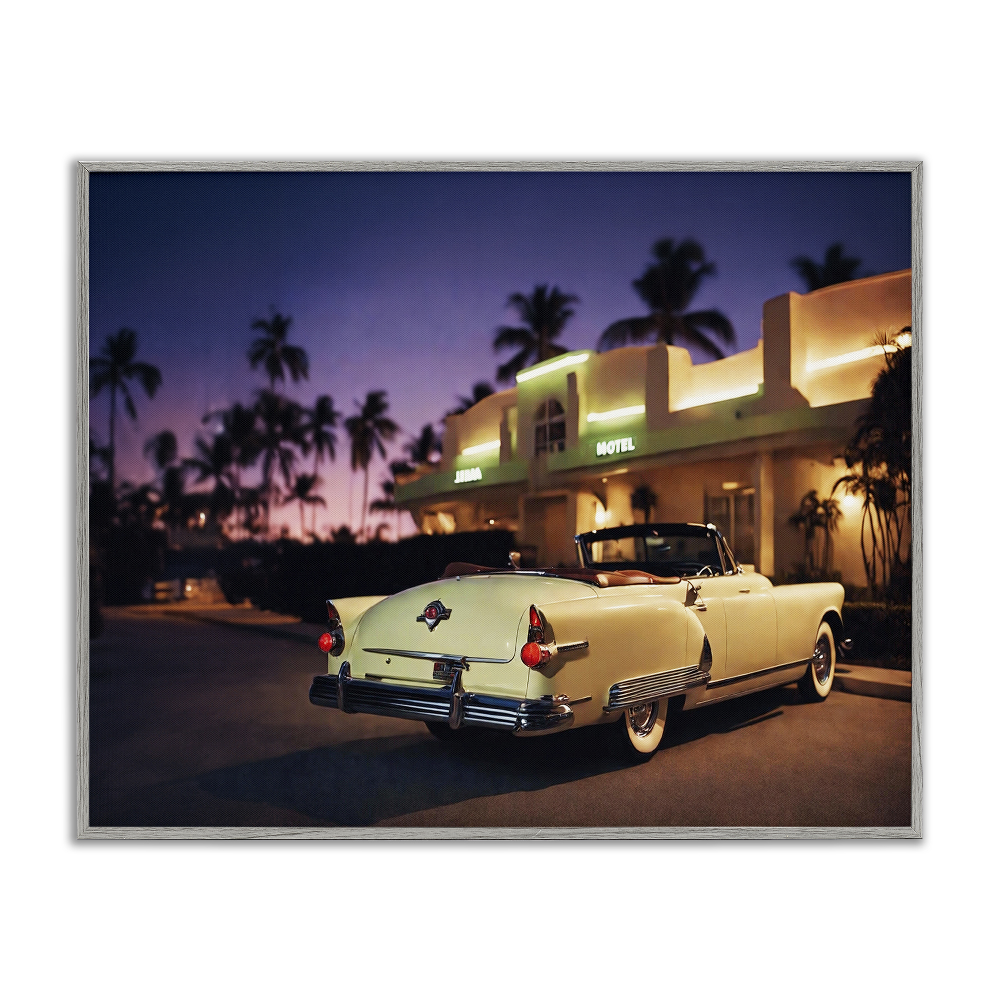 Stupell Industries Antique Car Tropical Motel Transportation Painting Gray Framed Art Print Wall Art, 30 x 24