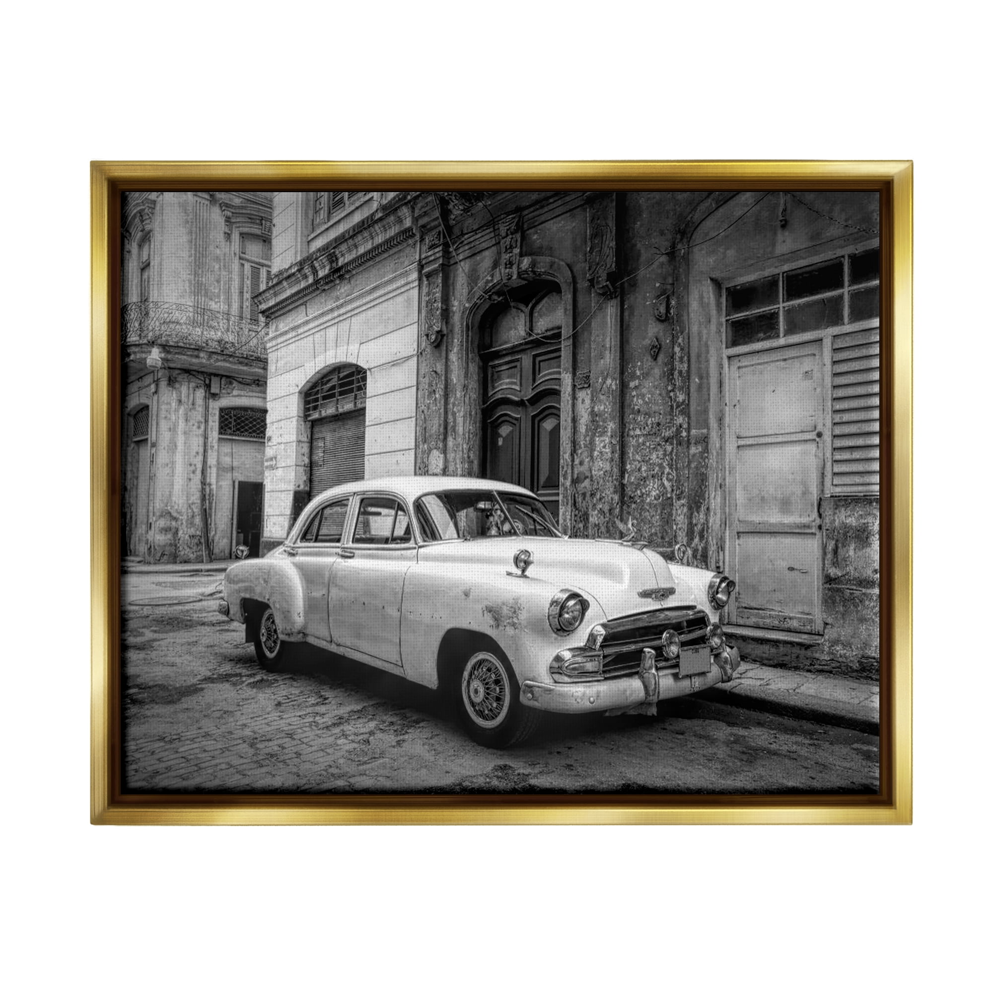Stupell Industries Antique Car in City Transportation Photography Gold Floater Framed Art Print Wall Art, 31 x 25