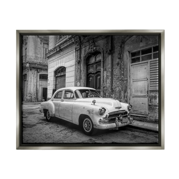 Stupell Industries Antique Car in City Transportation Photography Gray Floater Framed Art Print Wall Art, 21 x 17