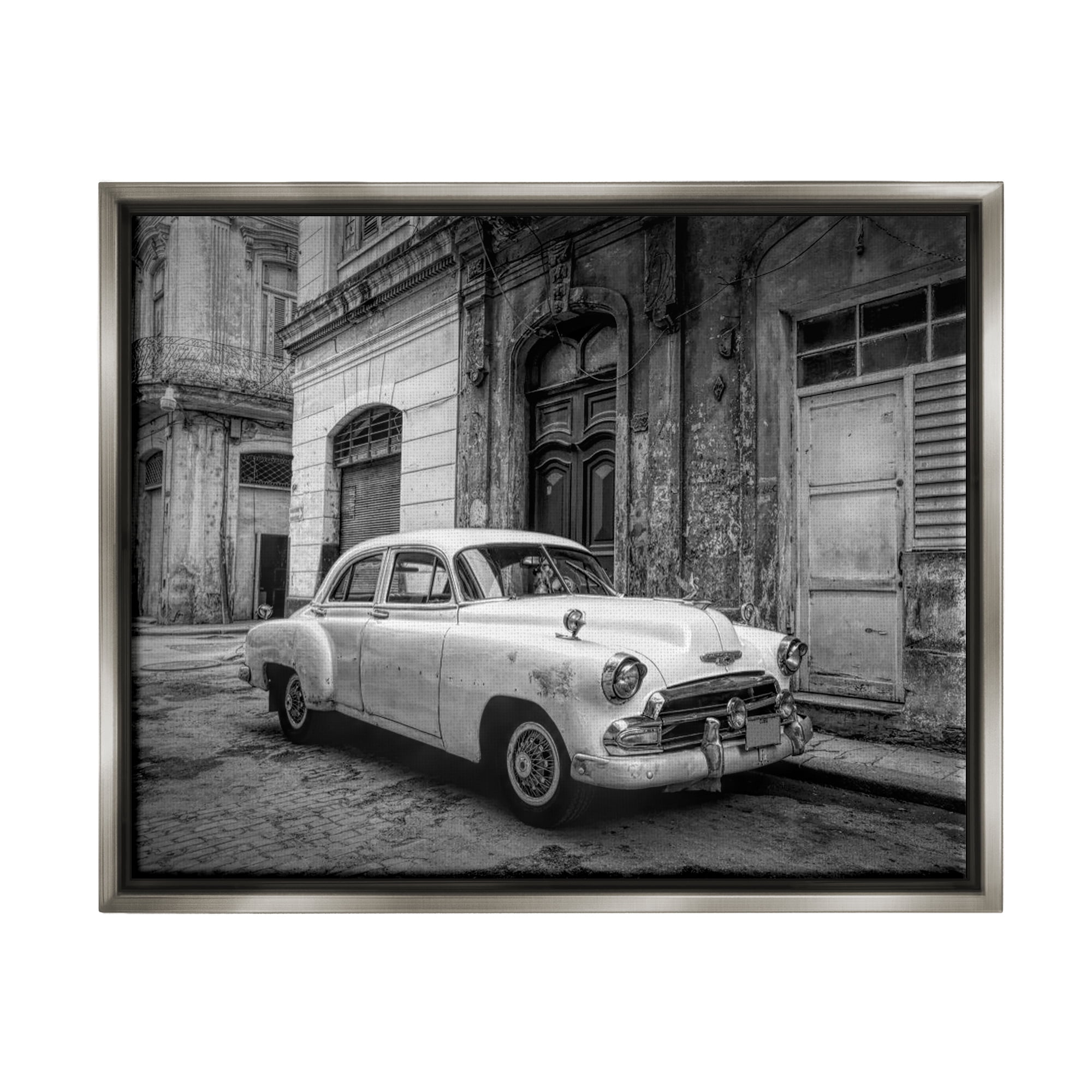 Stupell Industries Antique Car in City Transportation Photography Gray Floater Framed Art Print Wall Art, 31 x 25