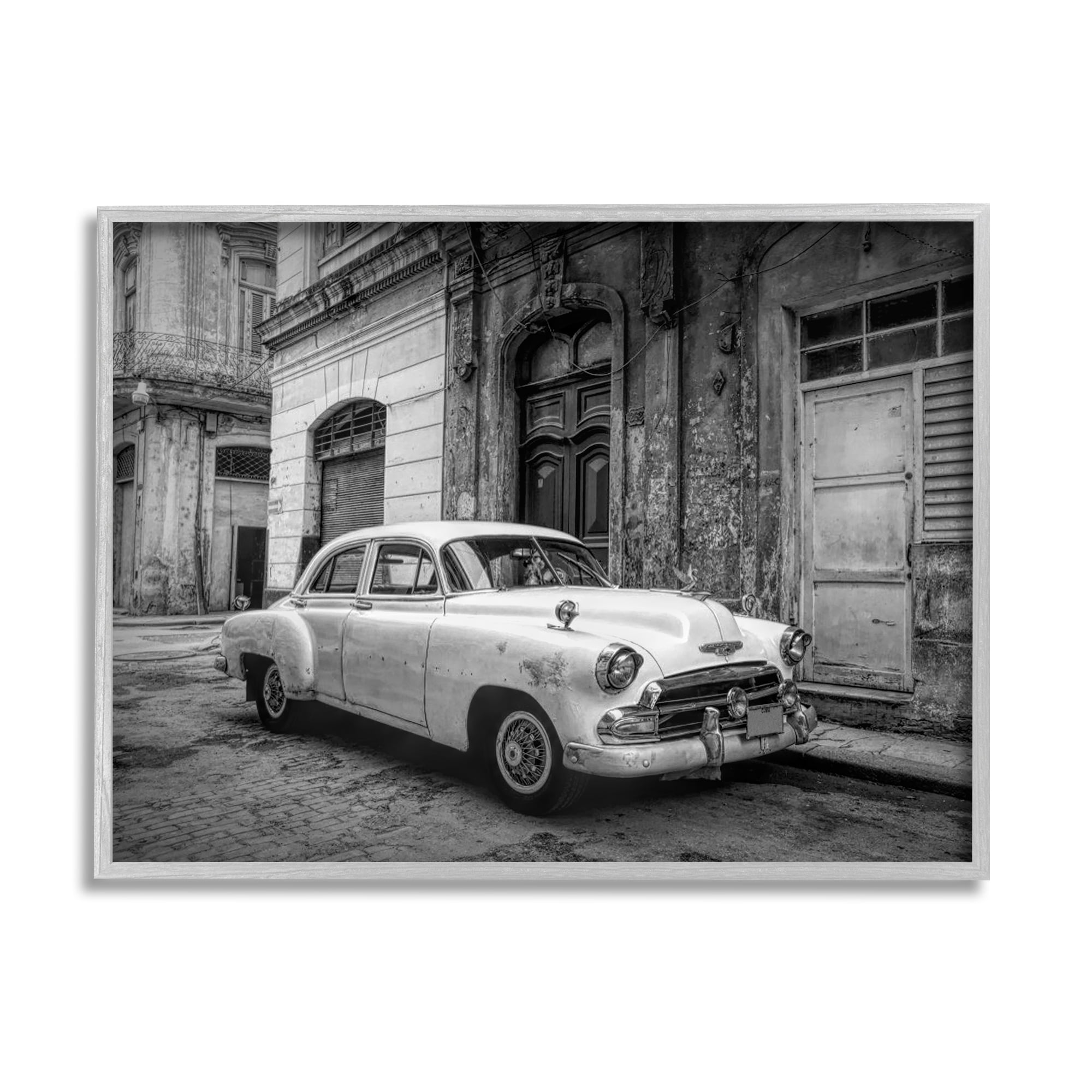 Stupell Industries Antique Car in City Transportation Photography Gray Framed Art Print Wall Art, 14 x 11