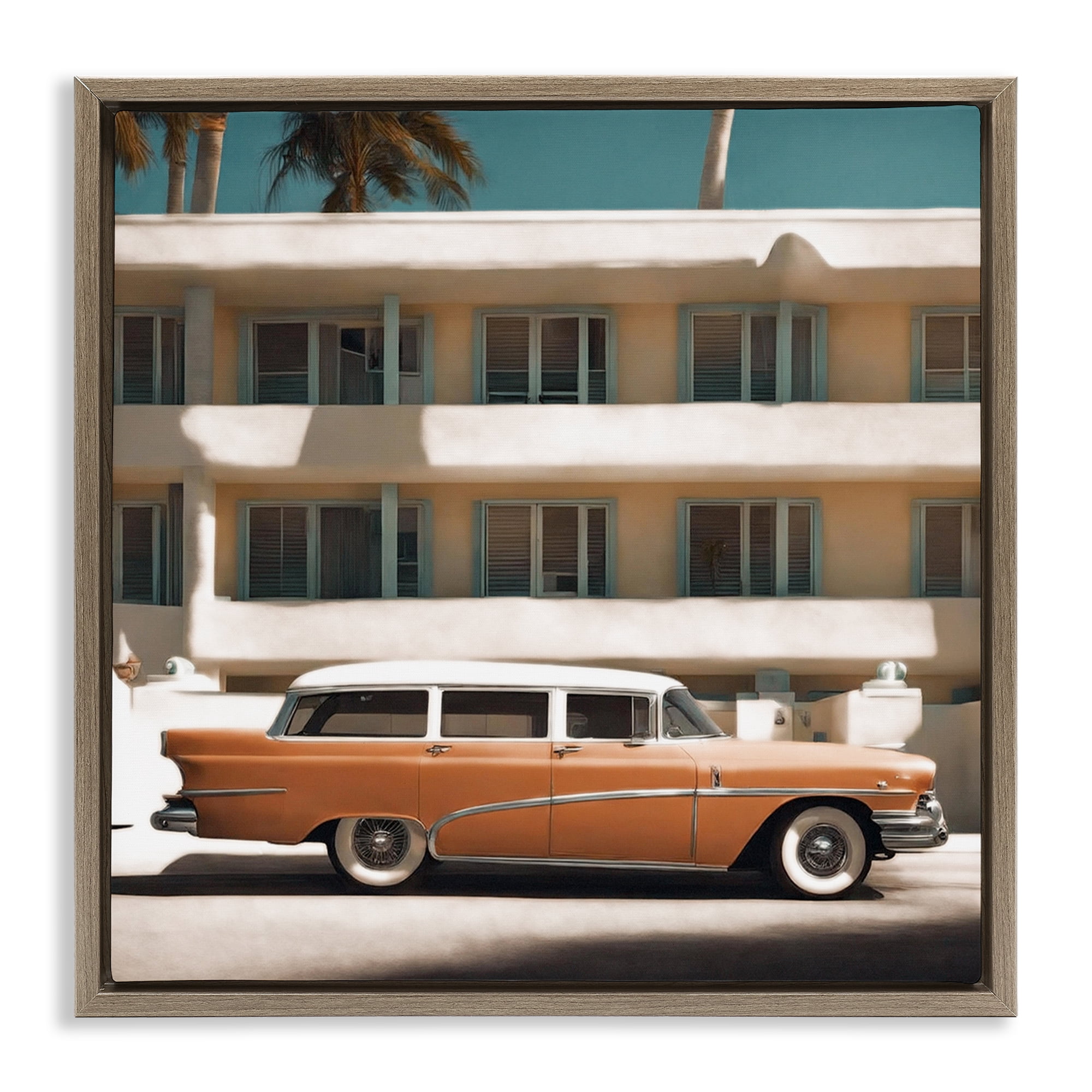 Stupell Industries Antique Car in Miami Transportation Painting Brown Floater Framed Canvas Art Print Wall Art, 25 x 25